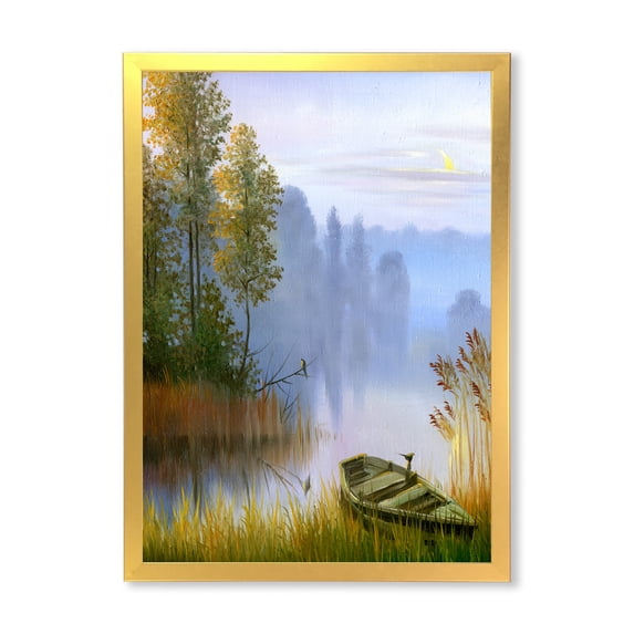 Designart 'The Bank Of The Lake With The Boat' Traditional Framed Art Print