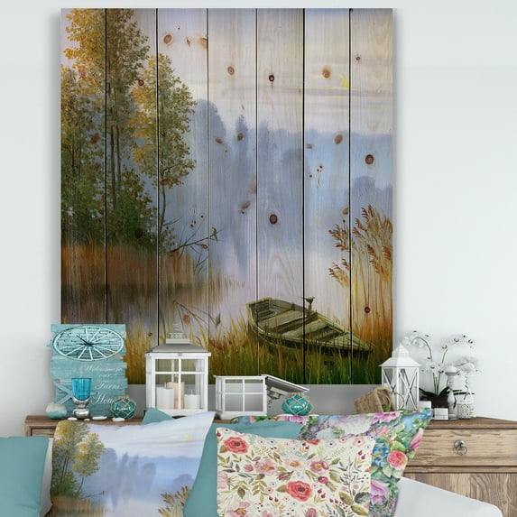 Designart 'The Bank Of The Lake With The Boat' Traditional Print on Natural Pine Wood