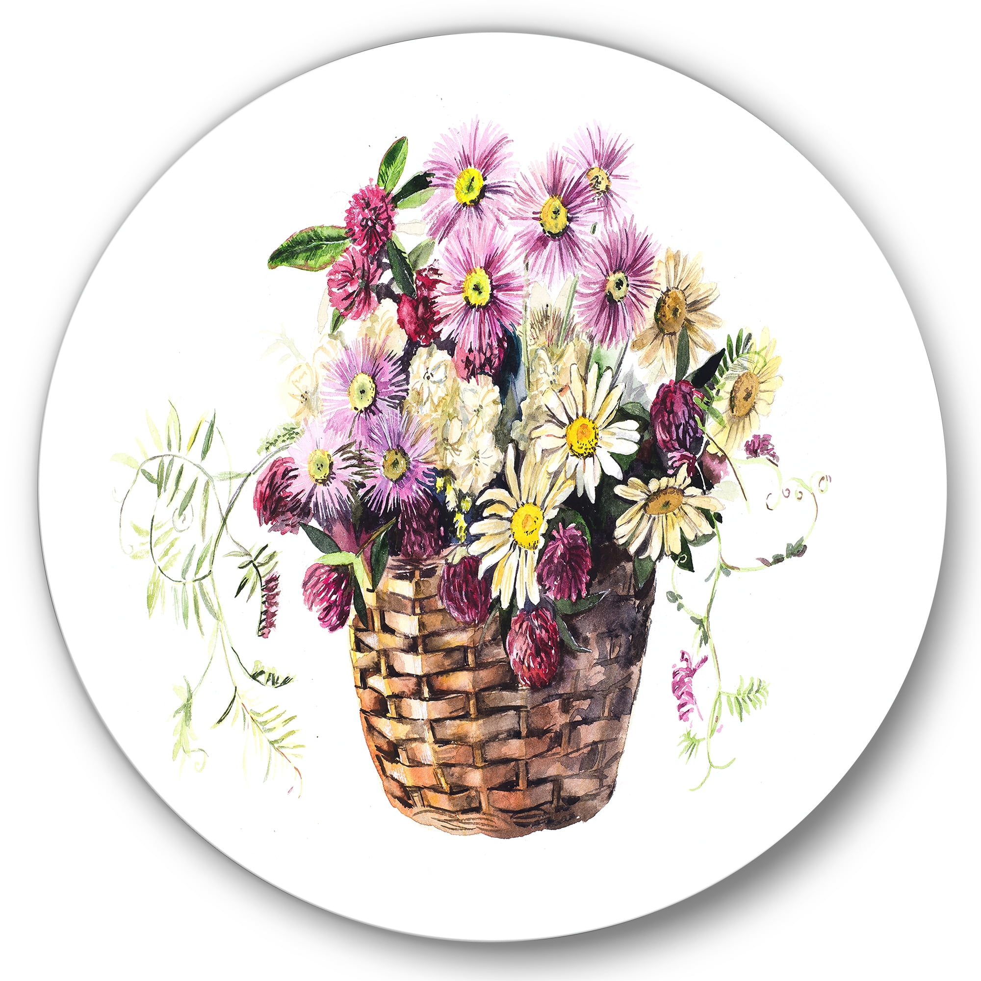 Designart 'The Basket Bouquet From Meadow Flowers' Traditional Circle Metal Wall Art 23x23 - Disc of 23