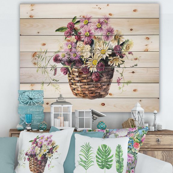 Designart 'The Basket Bouquet From Meadow Flowers' Traditional Print on Natural Pine Wood