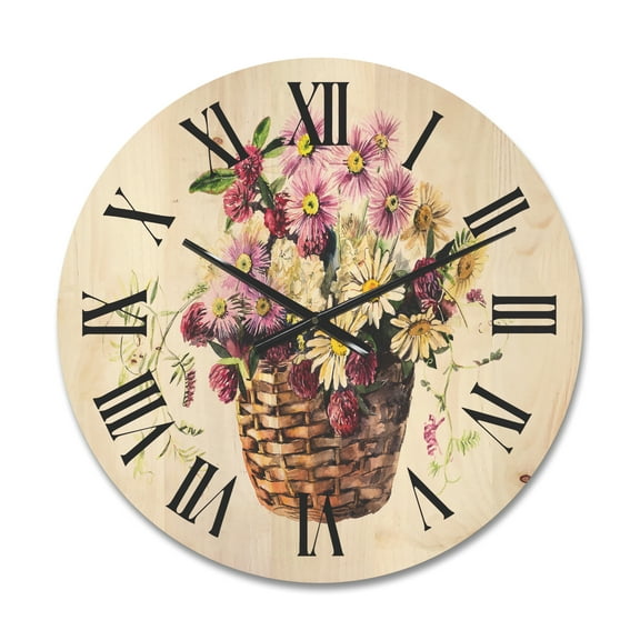 Designart 'The Basket Bouquet From Meadow Flowers' Traditional Wood Wall Clock