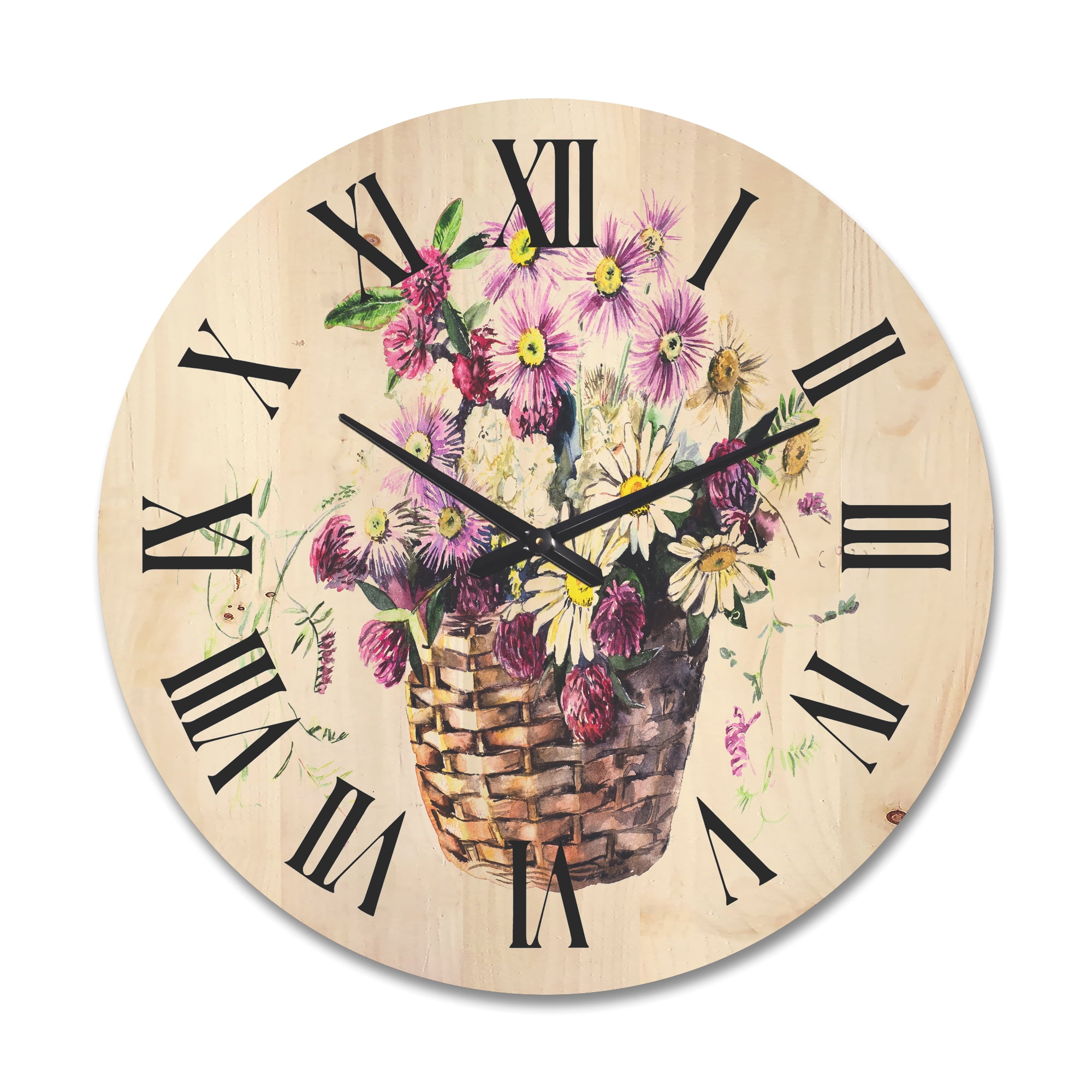 Designart 'The Basket Bouquet From Meadow Flowers' Traditional Wood Wall Clock
