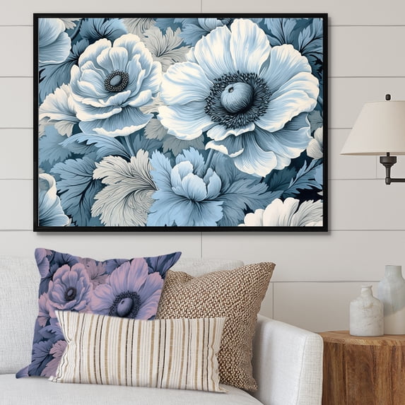 Designart "The Bliss Of Blue And Grey Poppies" Flowers Floater Framed Wall Art Living Room