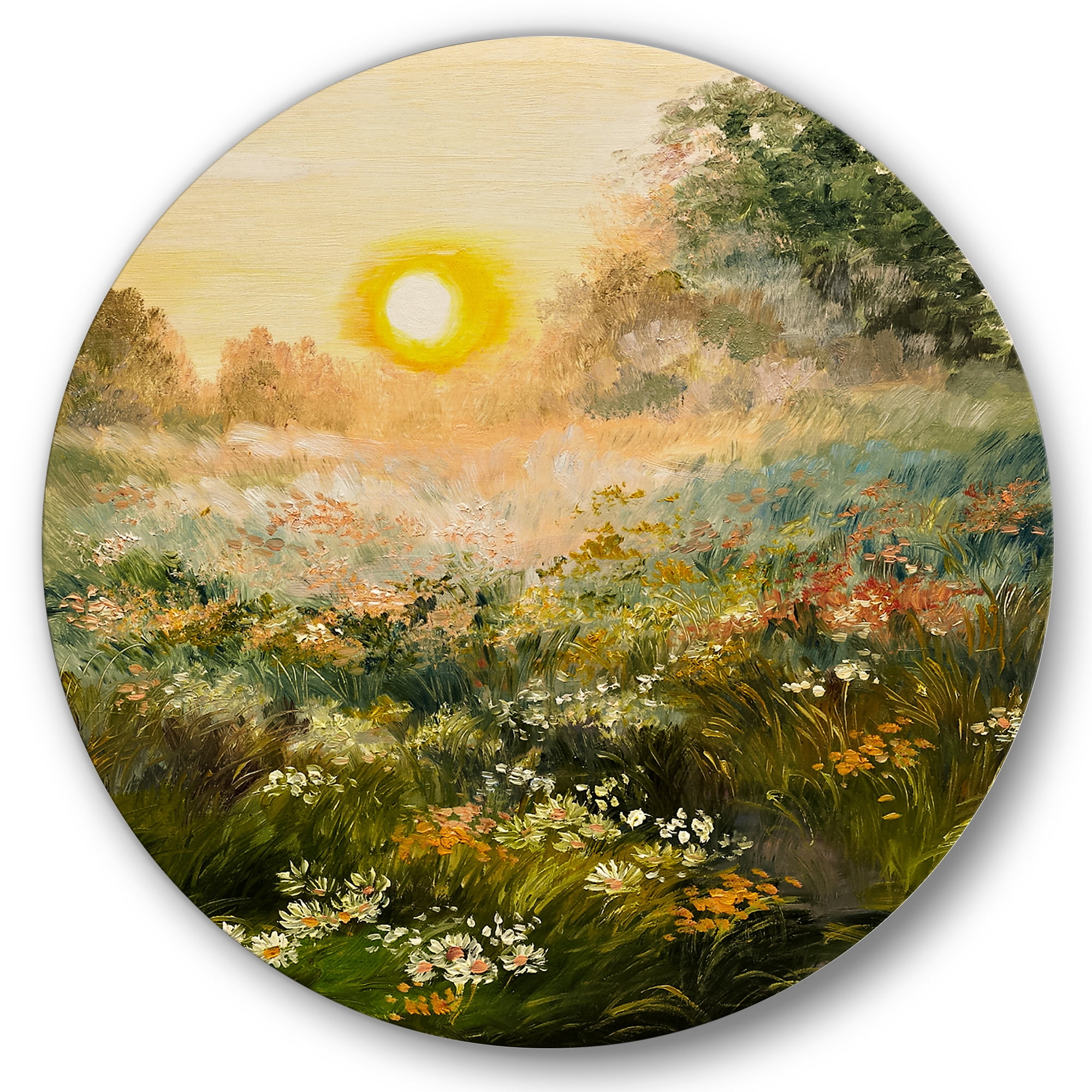 Designart 'The Blossoming Field With Sunrise' Farmhouse Circle Metal Wall Art 11x11 - Disc of 11