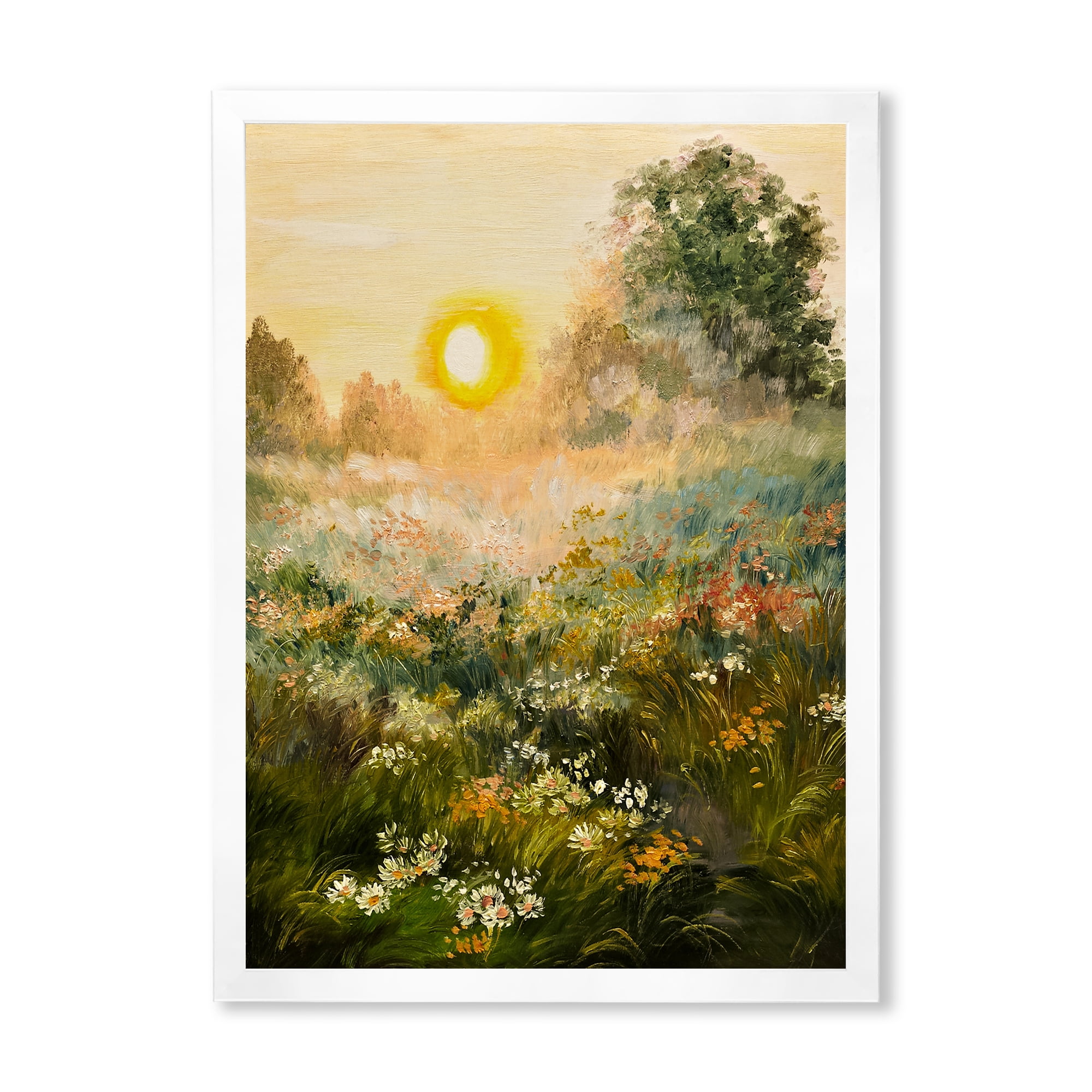 Designart 'The Blossoming Field With Sunrise' Farmhouse Framed Art Print