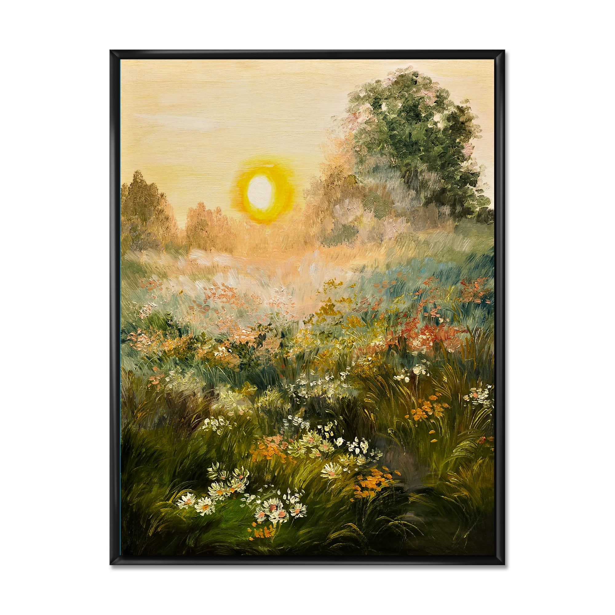 Designart 'The Blossoming Field With Sunrise' Farmhouse Framed Canvas Wall Art Print