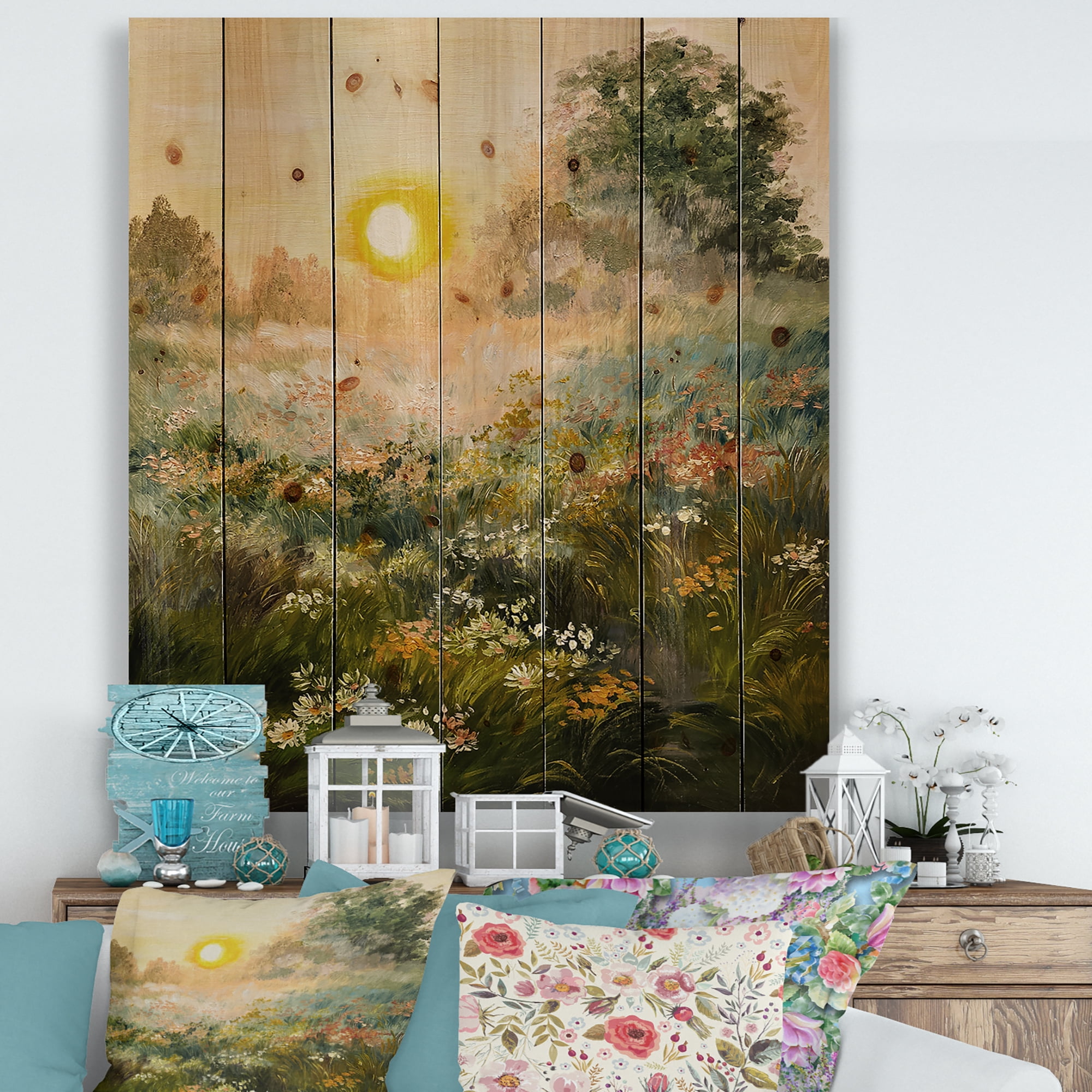 Designart 'The Blossoming Field With Sunrise' Farmhouse Print on Natural Pine Wood