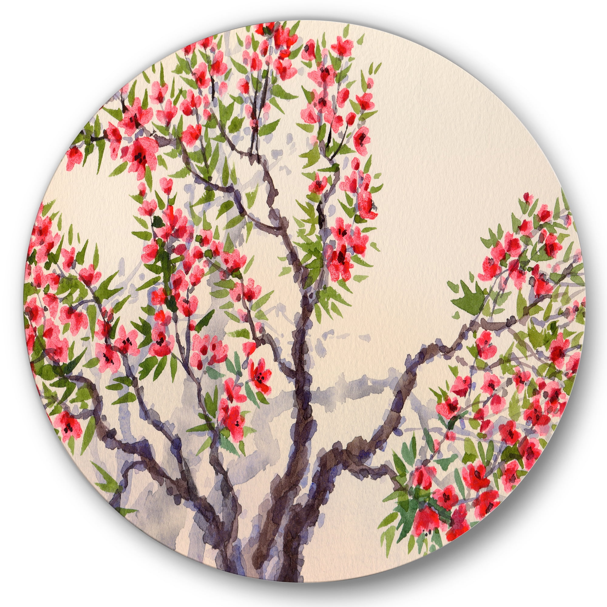 Designart 'The Blossoming Tree With Red Flowers I' Traditional Circle Metal Wall Art 23x23 - Disc of 23