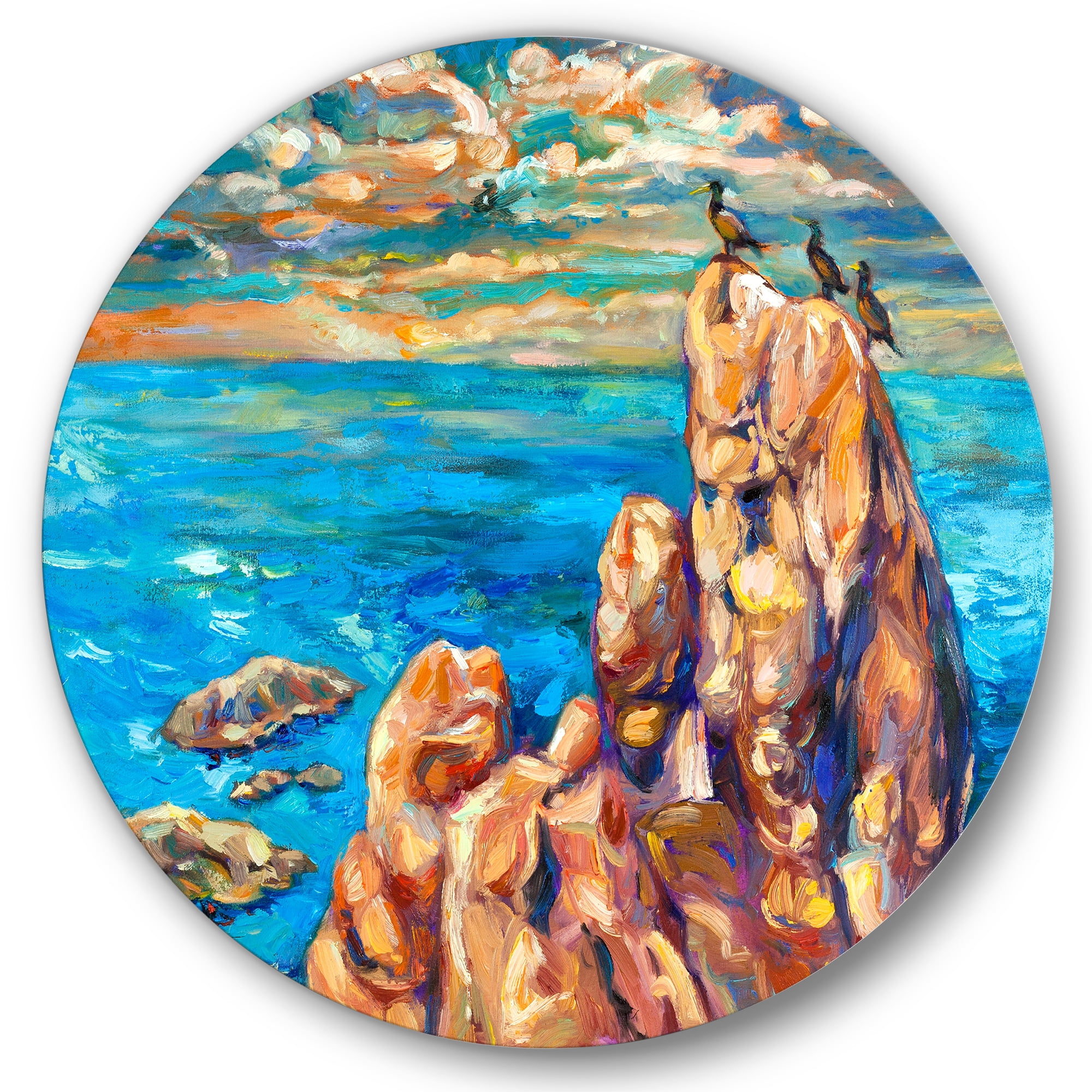 Designart 'The Blue Ocean By Rocky Cliffs I' Nautical & Coastal Circle Metal Wall Art 29x29 - Disc of 29