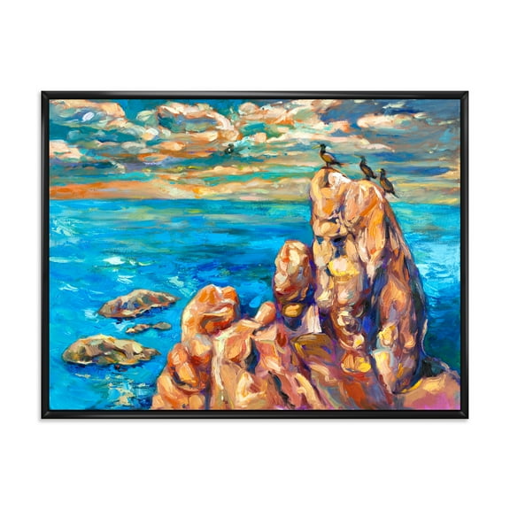 Designart 'The Blue Ocean By Rocky Cliffs I' Nautical & Coastal Framed Canvas Wall Art Print