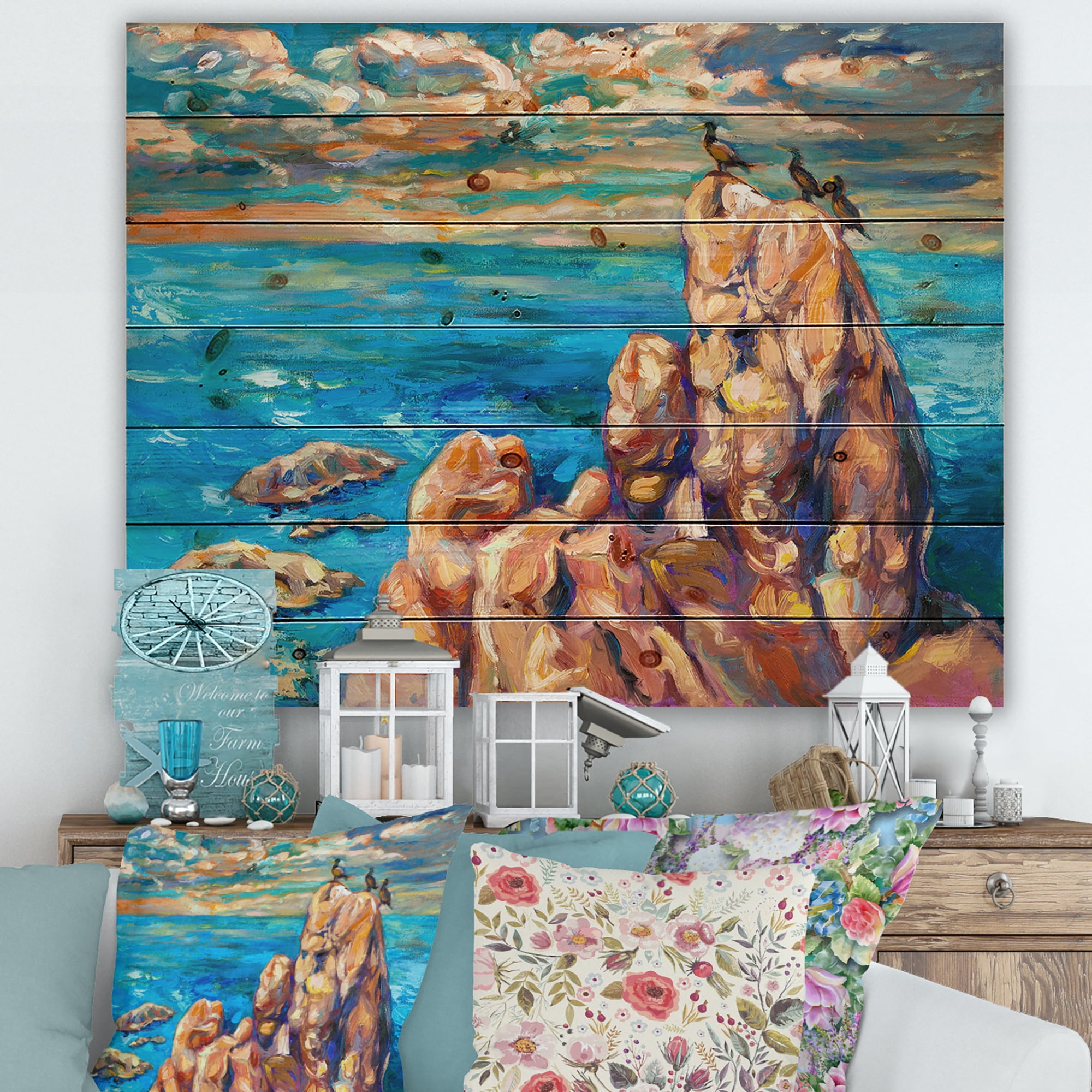 Designart 'The Blue Ocean By Rocky Cliffs I' Nautical & Coastal Print on Natural Pine Wood
