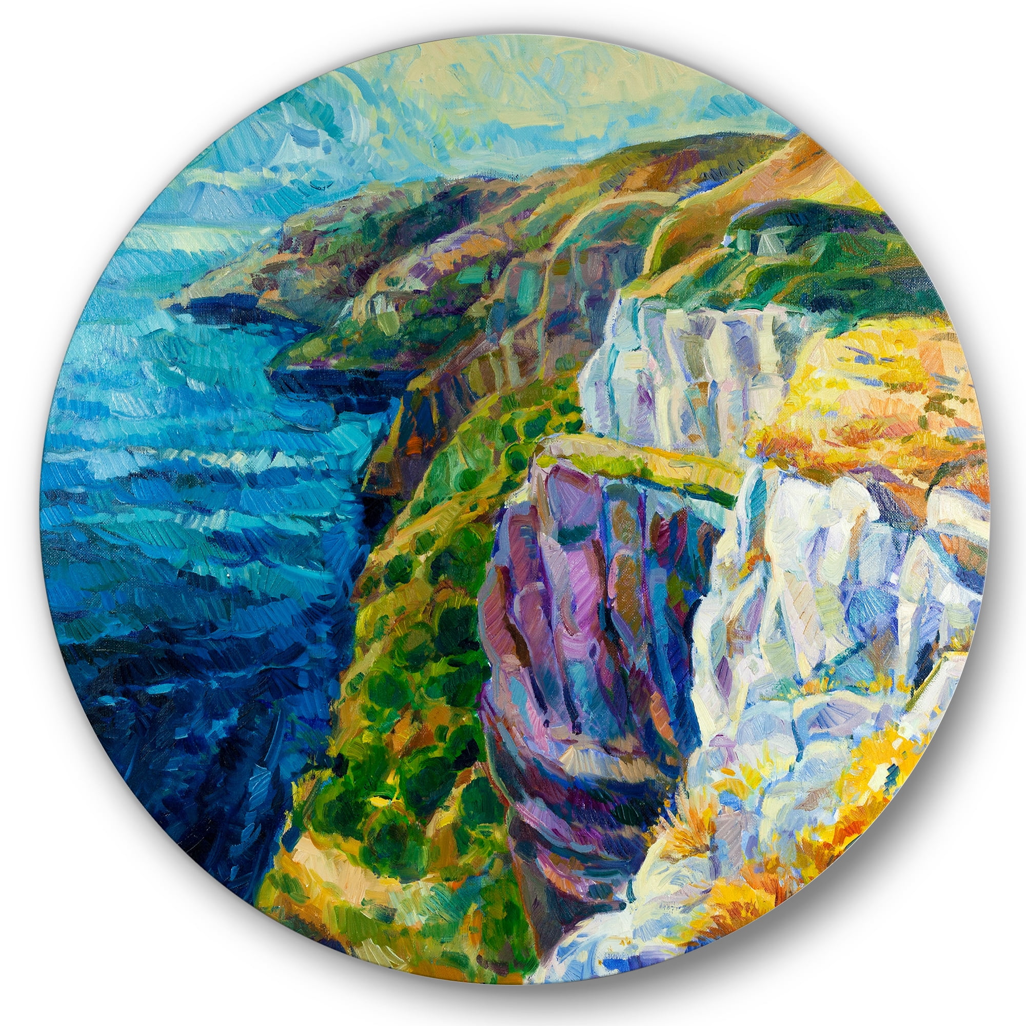 Designart 'The Blue Ocean By Rocky Cliffs II' Nautical & Coastal Circle Metal Wall Art 23x23 - Disc of 23