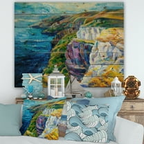Designart 'The Blue Ocean By Rocky Cliffs II' Nautical & Coastal Print on Natural Pine Wood