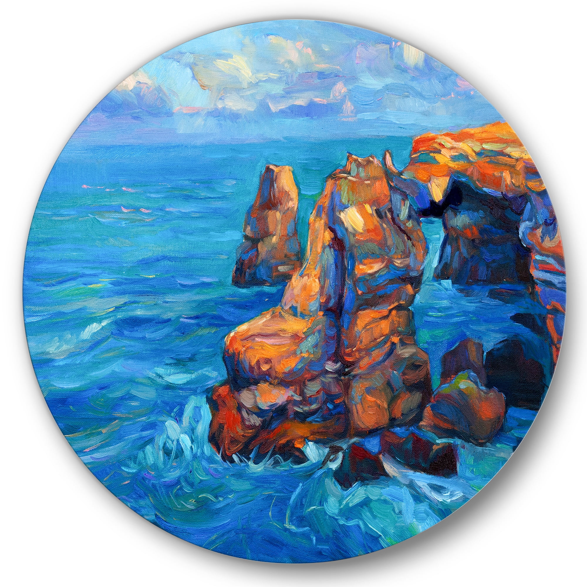 Designart 'The Blue Ocean By Rocky Cliffs' Nautical & Coastal Circle Metal Wall Art 29x29 - Disc of 29