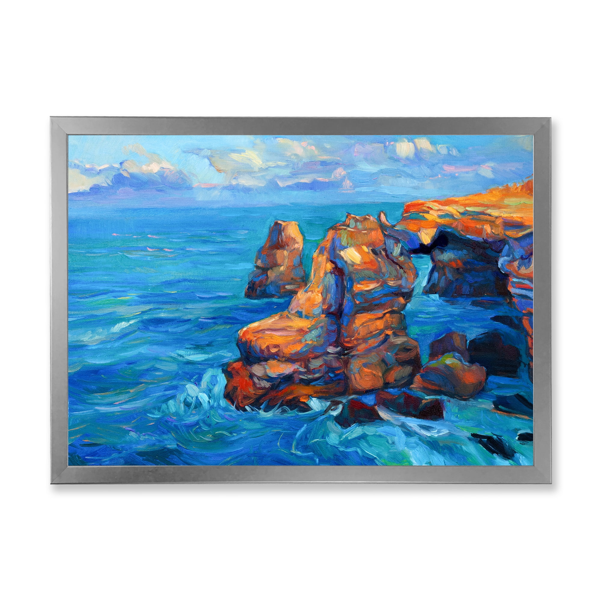 Designart 'The Blue Ocean By Rocky Cliffs' Nautical & Coastal Framed Art Print