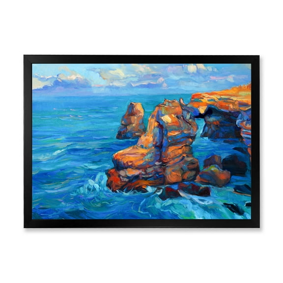 Designart 'The Blue Ocean By Rocky Cliffs' Nautical & Coastal Framed Art Print