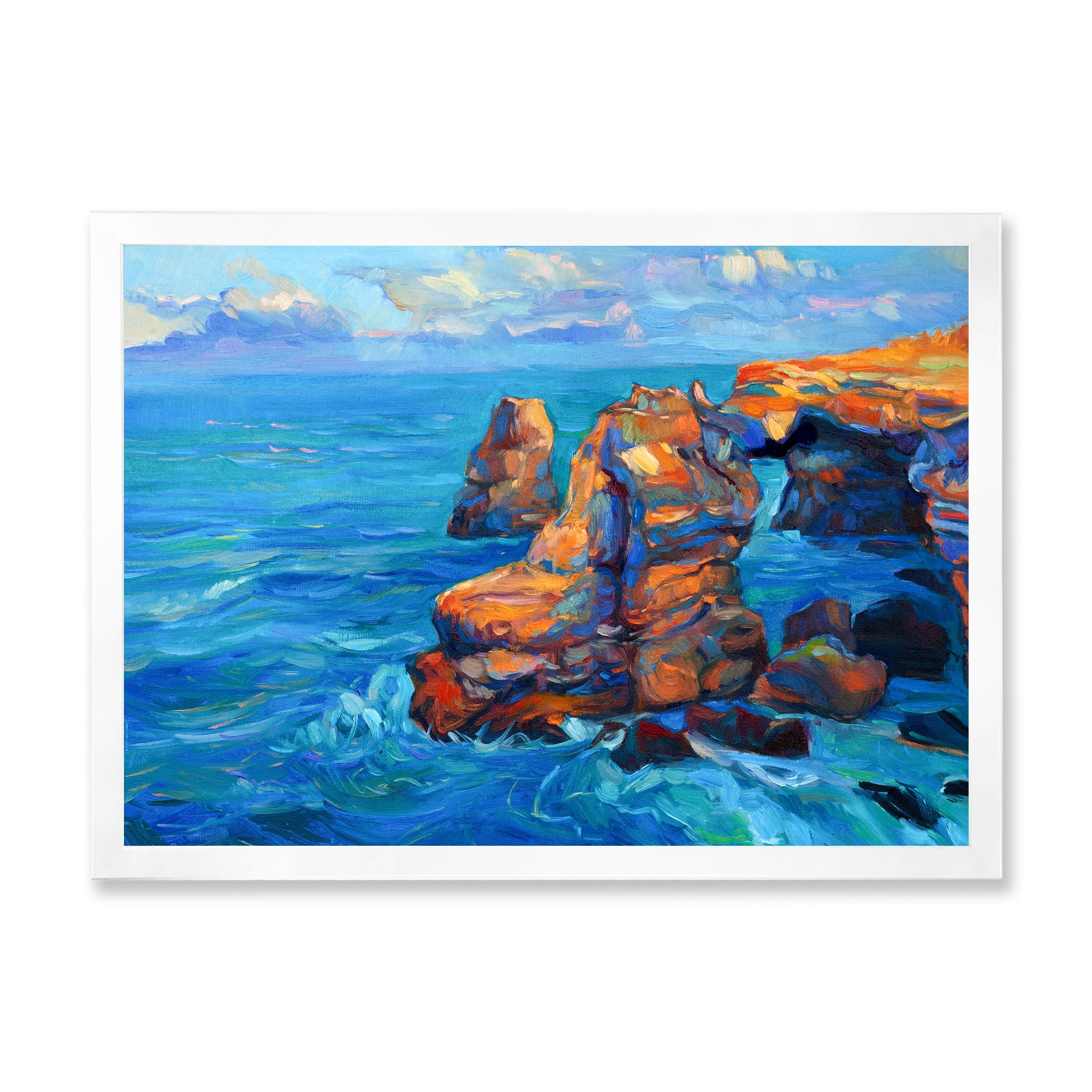 Designart 'The Blue Ocean By Rocky Cliffs' Nautical & Coastal Framed Art Print