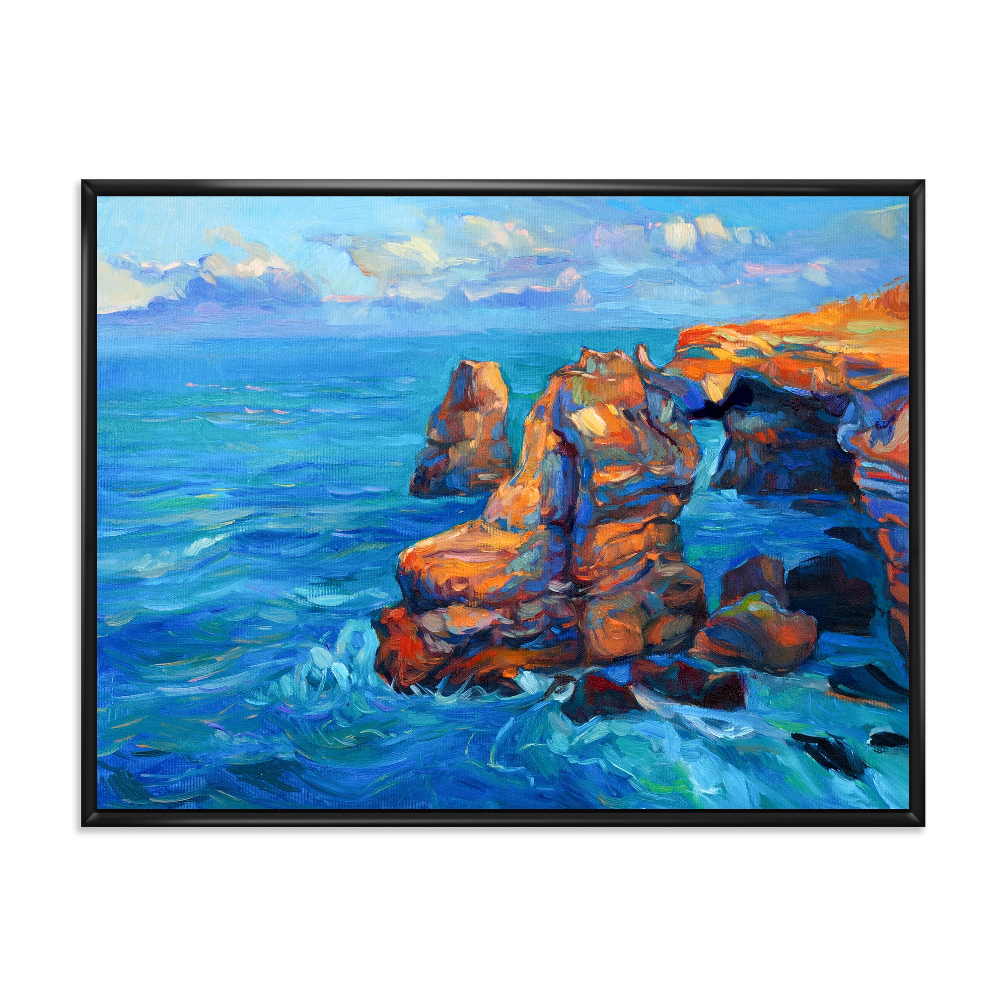 Designart 'The Blue Ocean By Rocky Cliffs' Nautical & Coastal Framed Canvas Wall Art Print