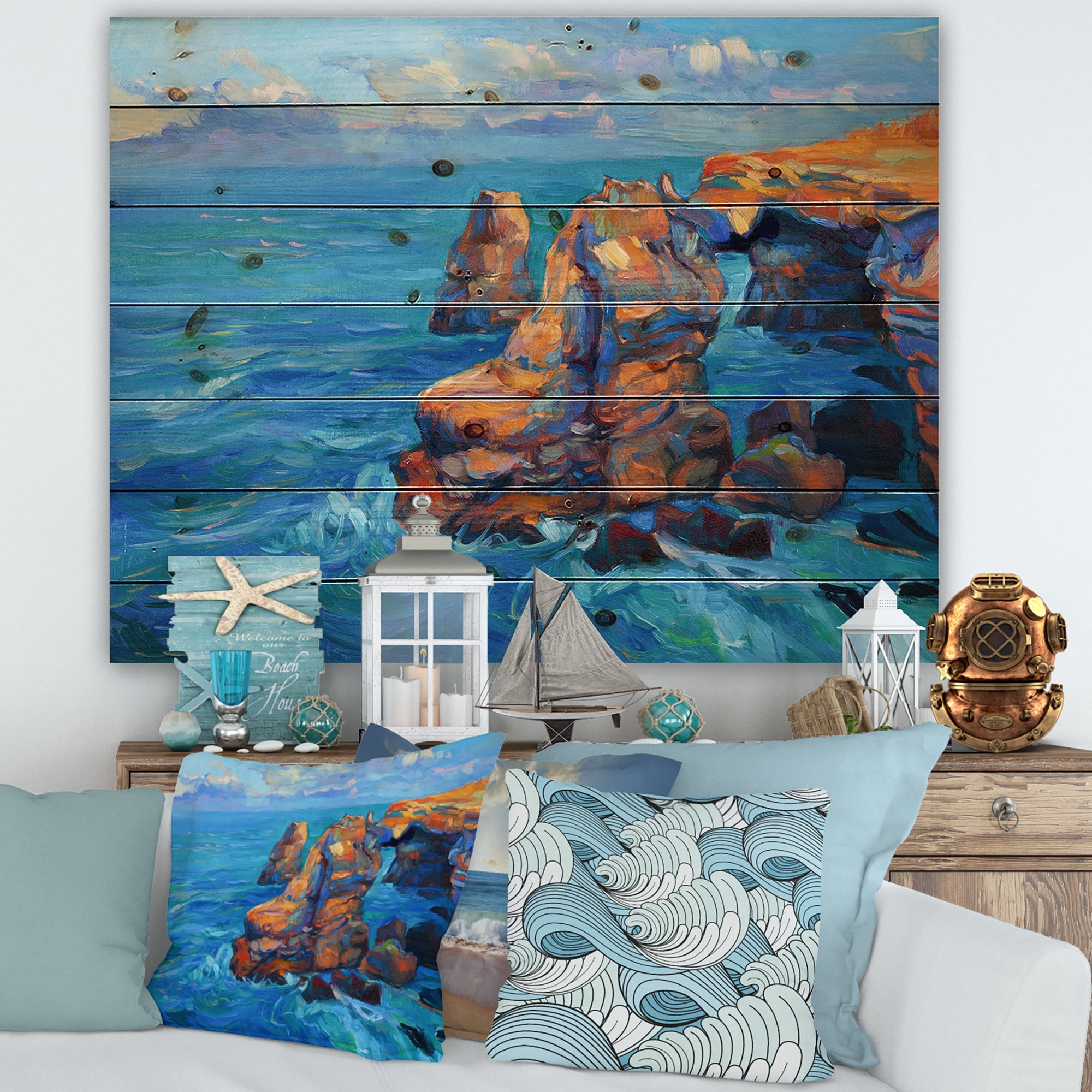 Designart 'The Blue Ocean By Rocky Cliffs' Nautical & Coastal Print on Natural Pine Wood