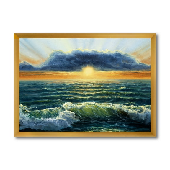 Designart 'The Blue Ocean In Sunset Evening I' Nautical & Coastal Framed Art Print