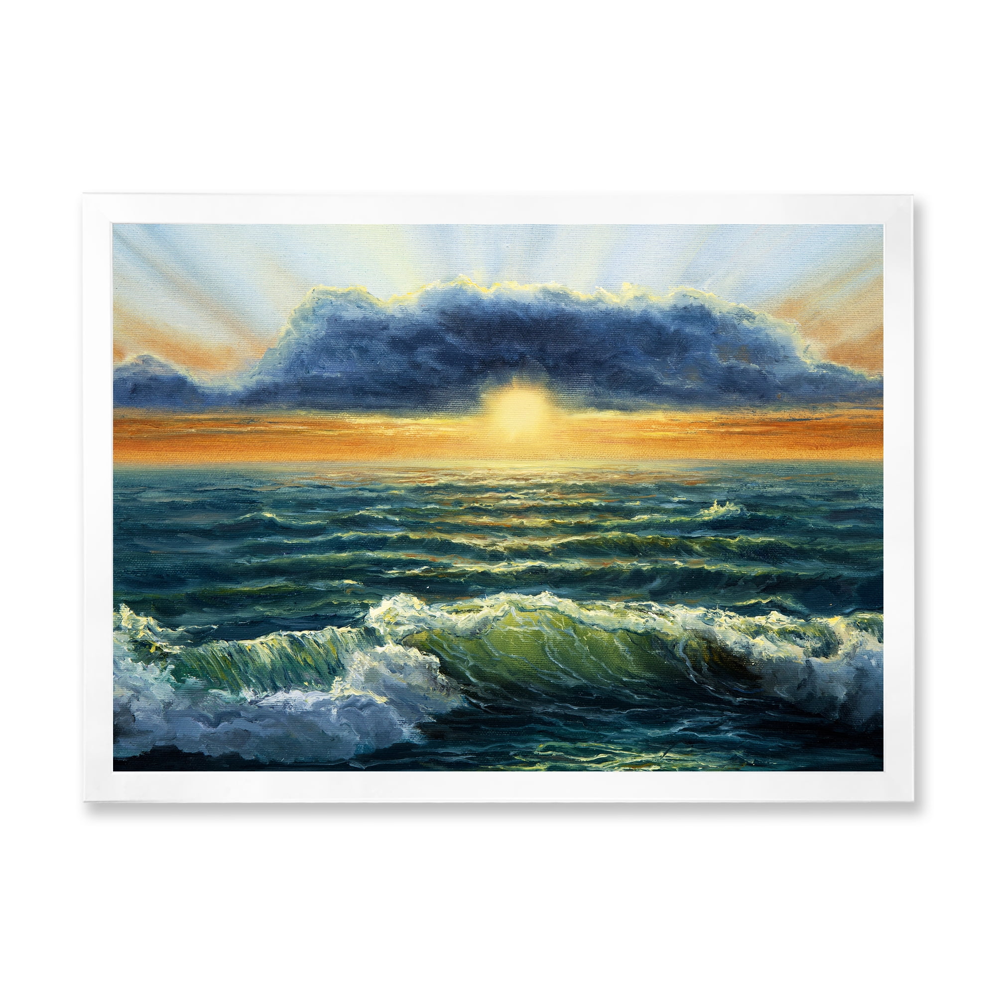 Designart 'The Blue Ocean In Sunset Evening I' Nautical & Coastal Framed Art Print