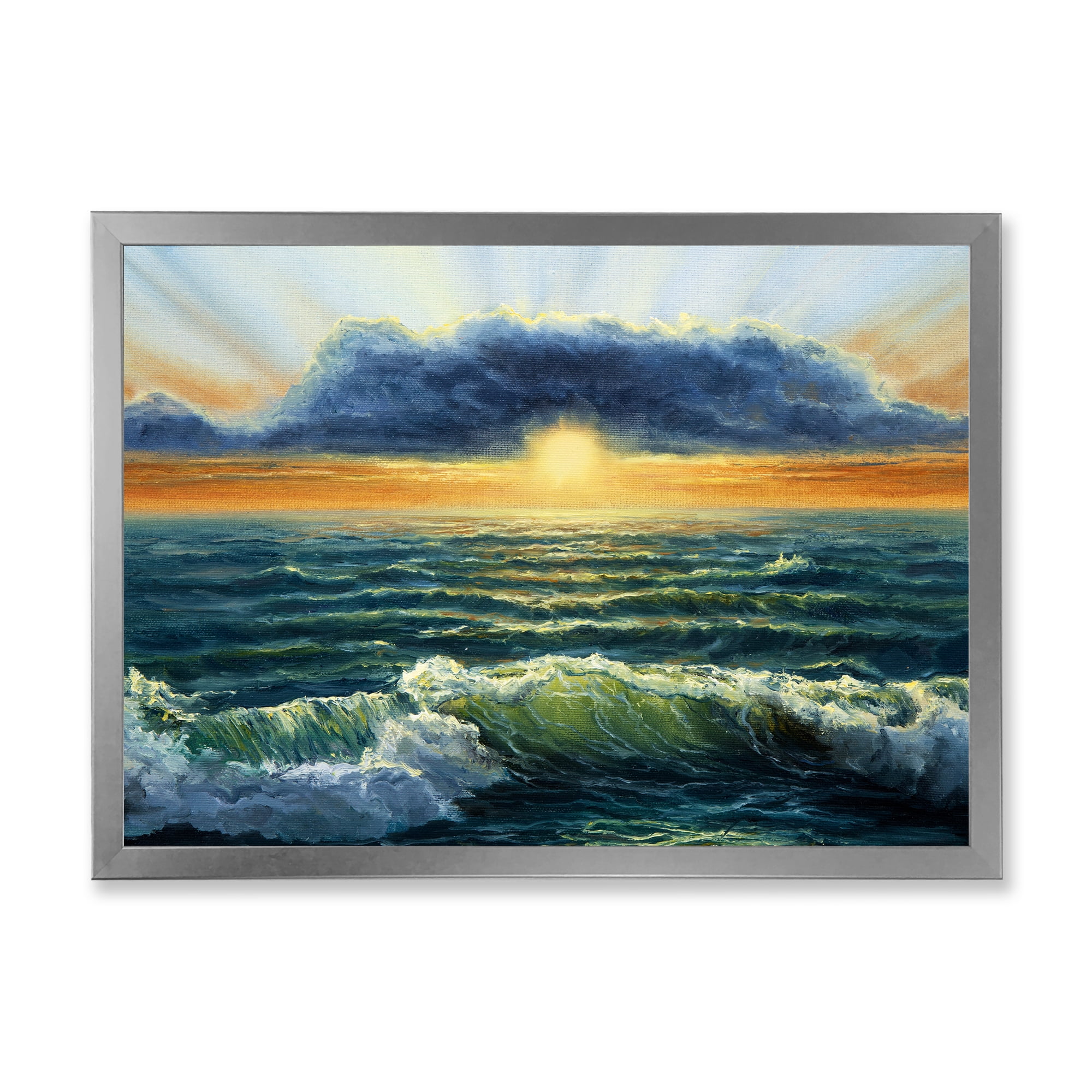 Designart 'The Blue Ocean In Sunset Evening I' Nautical & Coastal Framed Art Print