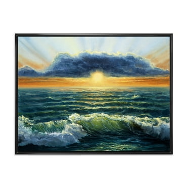Designart 'The Blue Ocean In Sunset Evening I' Nautical & Coastal Framed Canvas Wall Art Print