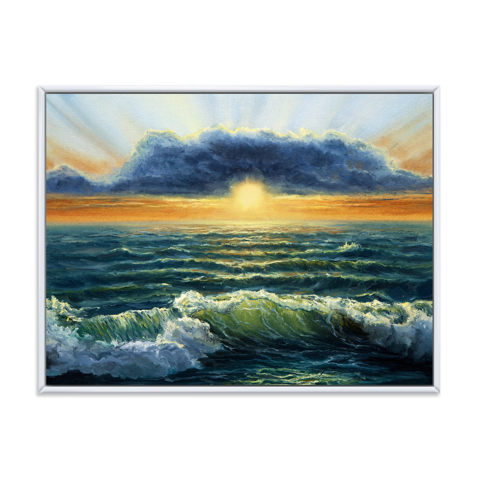 Designart 'The Blue Ocean In Sunset Evening I' Nautical & Coastal Framed Canvas Wall Art Print
