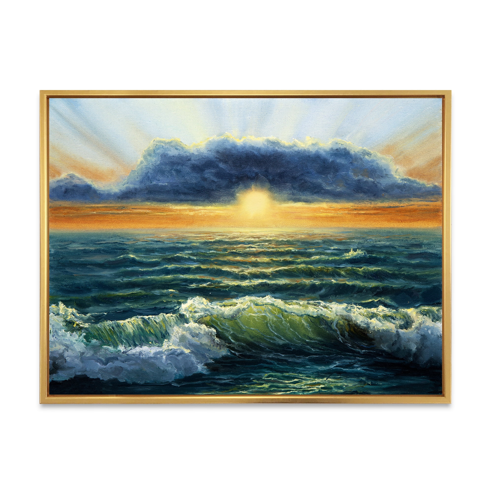 Designart 'The Blue Ocean In Sunset Evening I' Nautical & Coastal Framed Canvas Wall Art Print