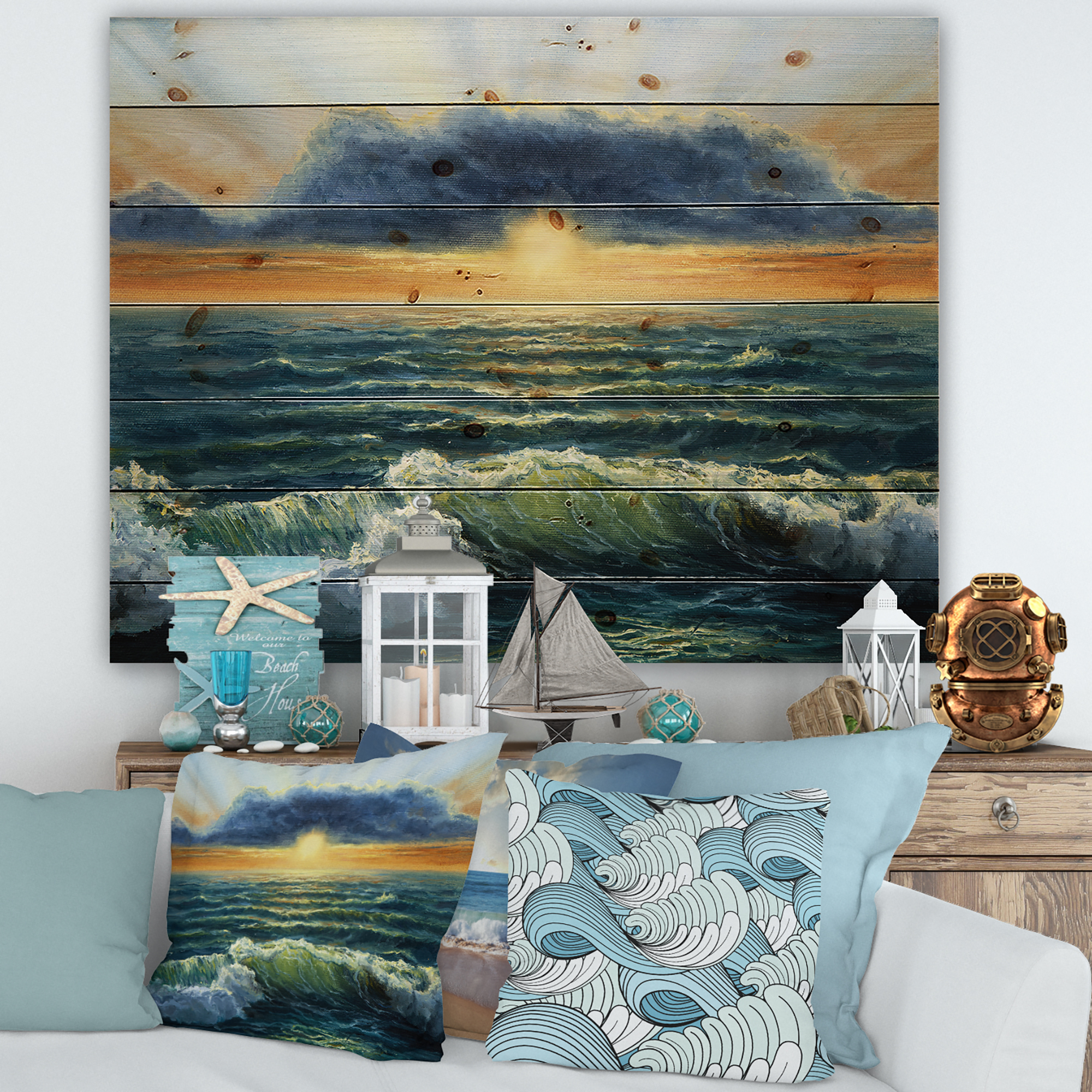 Designart 'The Blue Ocean In Sunset Evening I' Nautical & Coastal Print on Natural Pine Wood