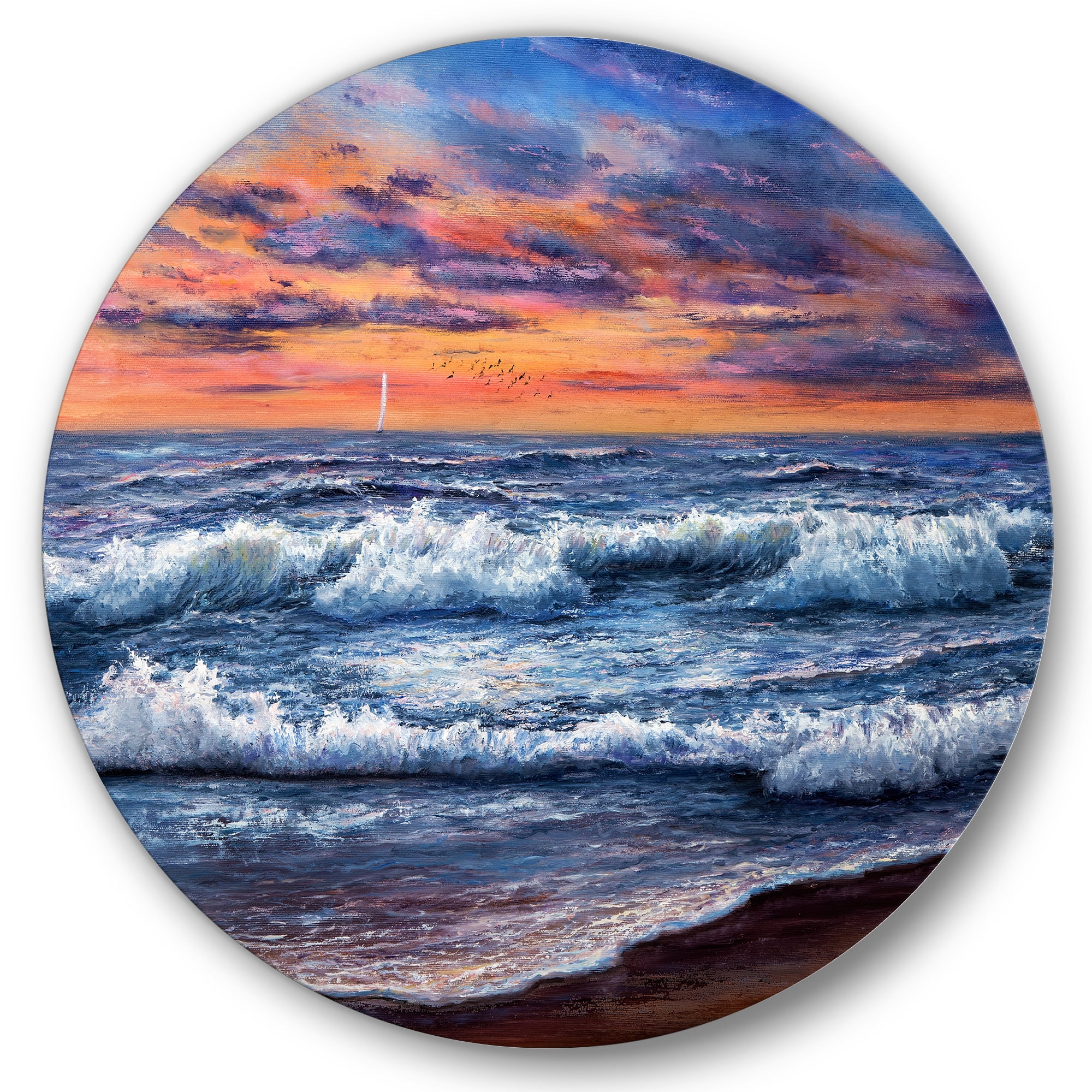 Designart 'The Blue Ocean In Sunset Evening II' Nautical & Coastal Circle Metal Wall Art 29x29 - Disc of 29