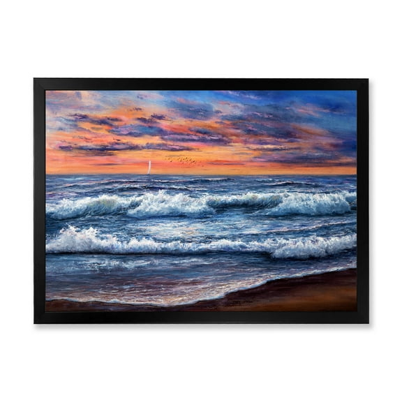 Designart 'The Blue Ocean In Sunset Evening II' Nautical & Coastal Framed Art Print