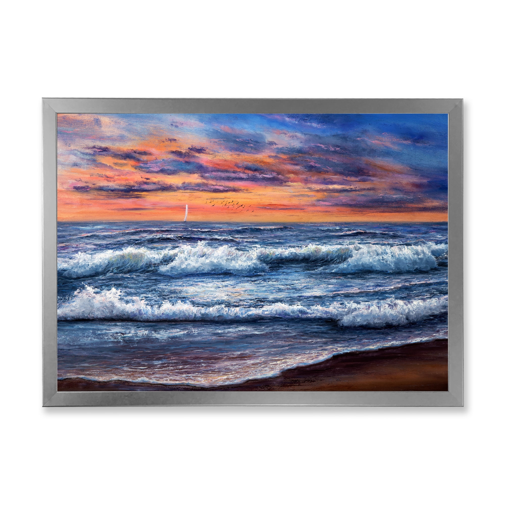 Designart 'The Blue Ocean In Sunset Evening II' Nautical & Coastal Framed Art Print
