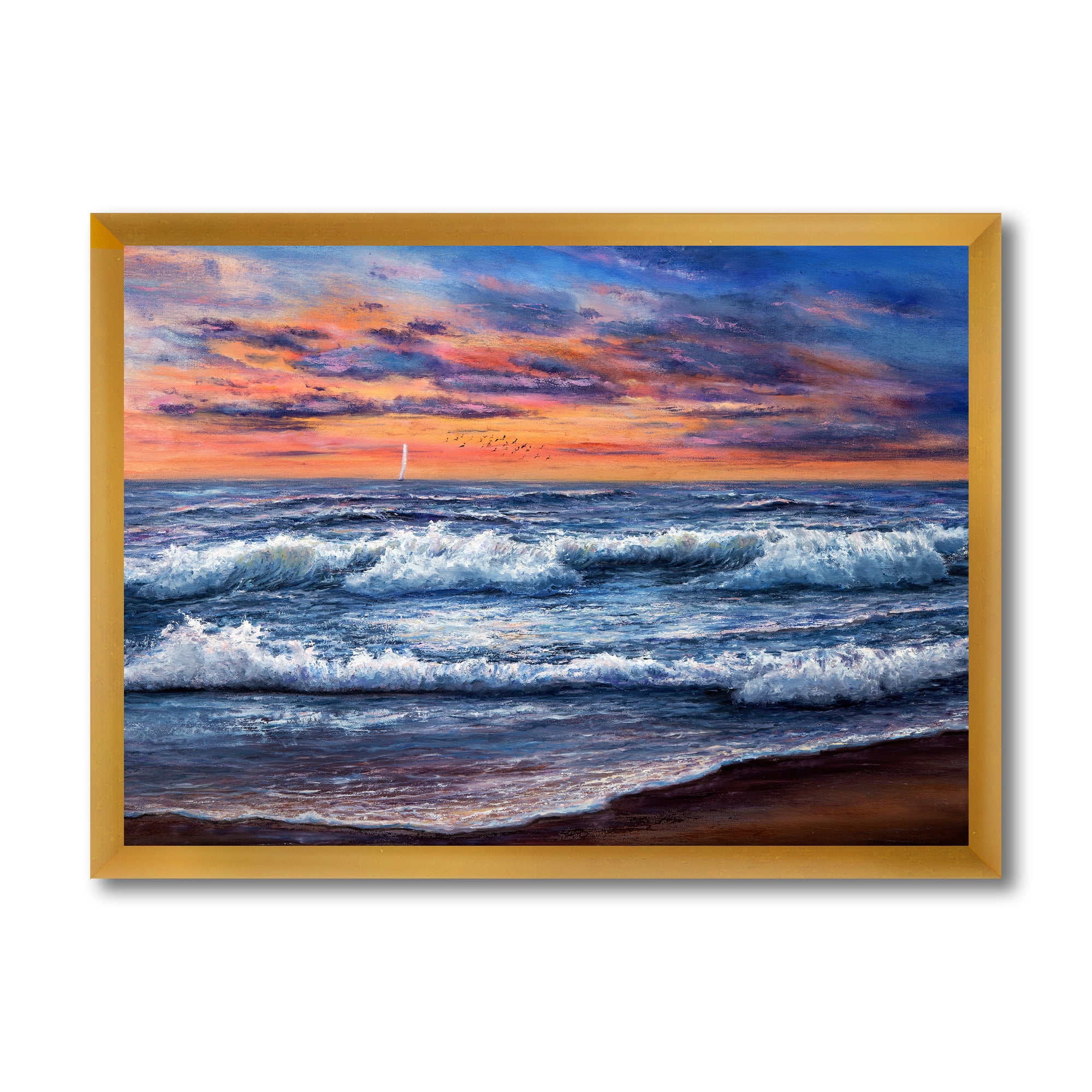 Designart 'The Blue Ocean In Sunset Evening II' Nautical & Coastal Framed Art Print