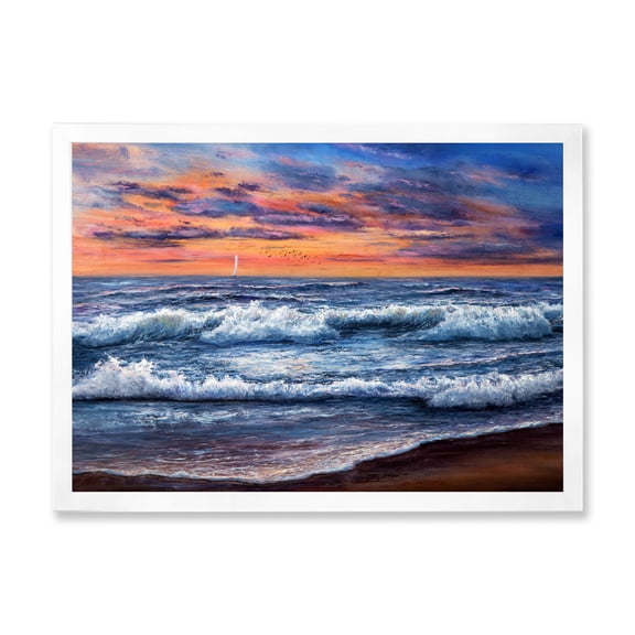 Designart 'The Blue Ocean In Sunset Evening II' Nautical & Coastal Framed Art Print