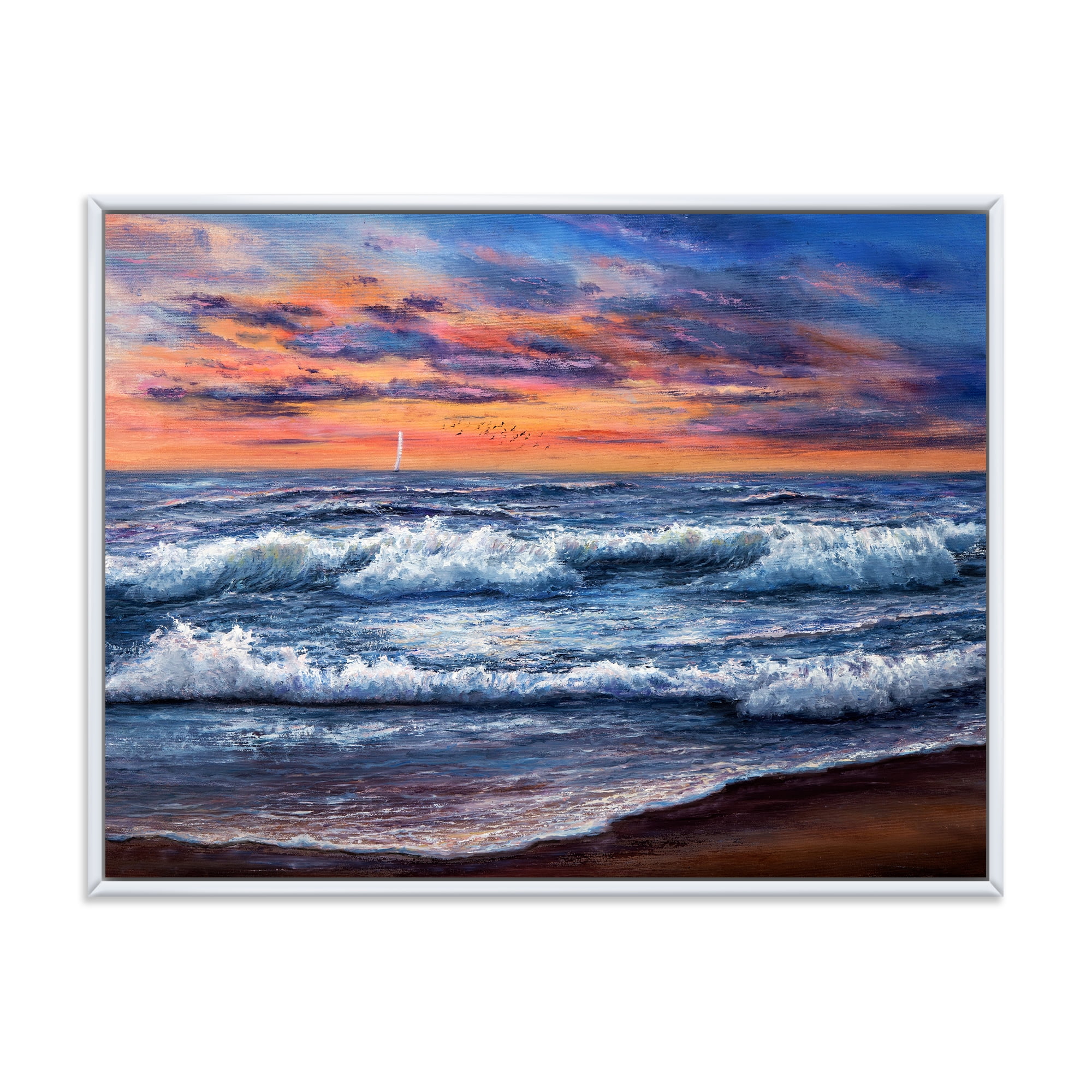Designart 'The Blue Ocean In Sunset Evening II' Nautical & Coastal Framed Canvas Wall Art Print