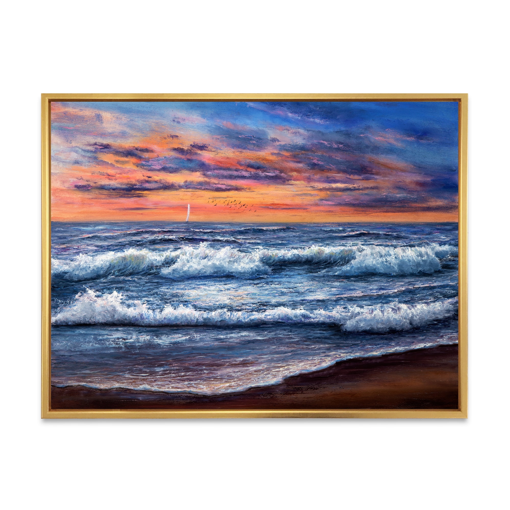 Designart 'The Blue Ocean In Sunset Evening II' Nautical & Coastal Framed Canvas Wall Art Print
