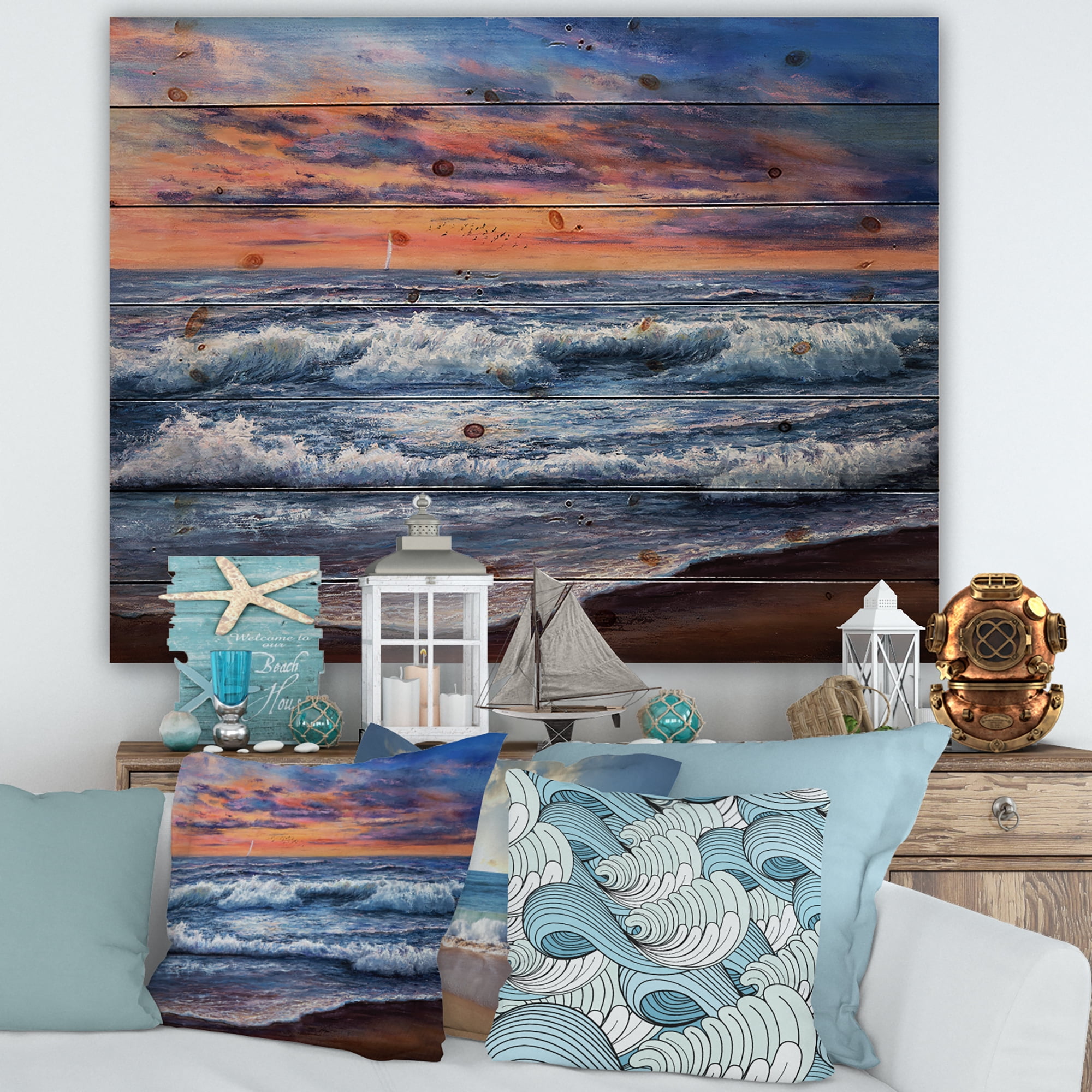 Designart 'The Blue Ocean In Sunset Evening II' Nautical & Coastal Print on Natural Pine Wood