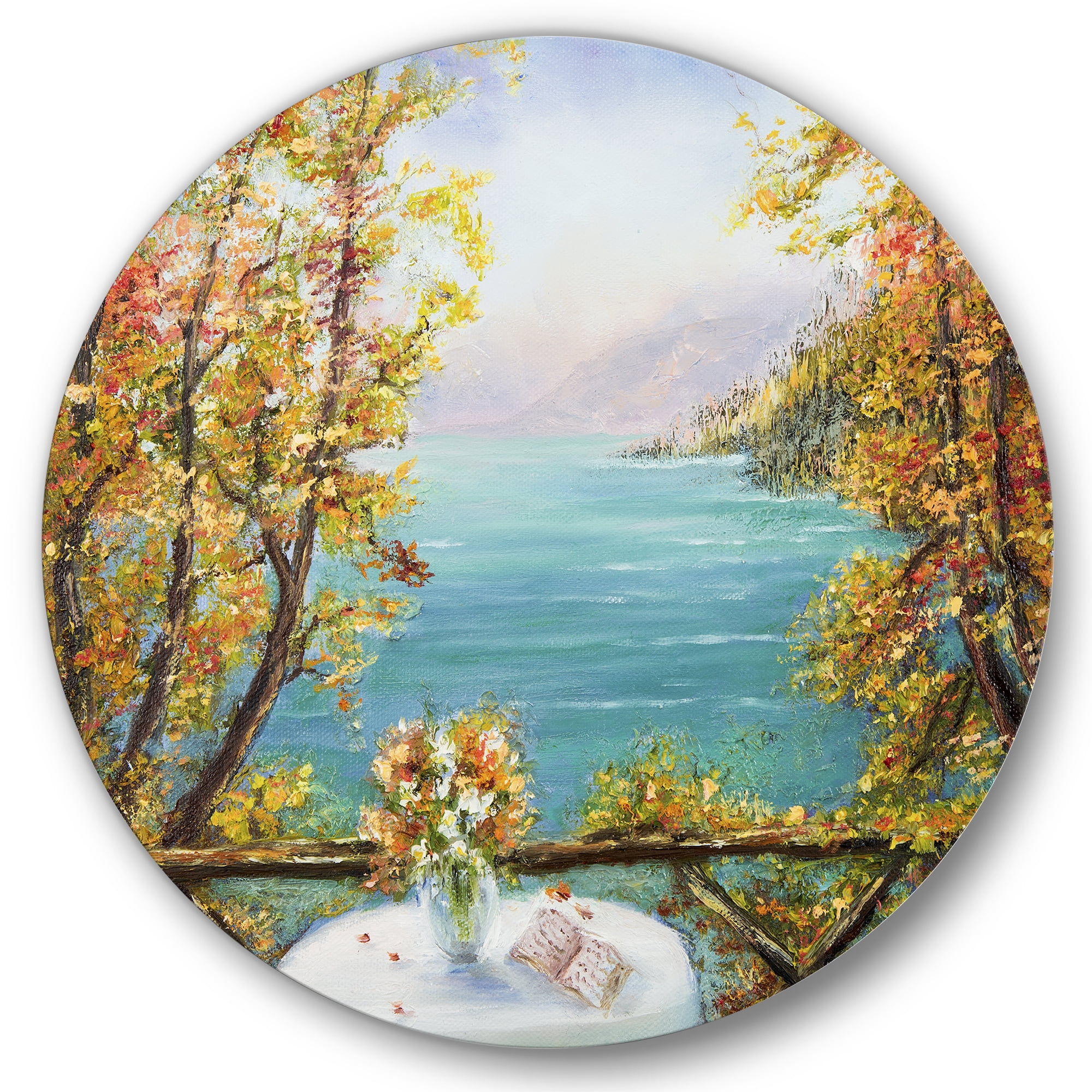 Designart 'The Blue Ocean View From Terrace' Nautical & Coastal Circle Metal Wall Art 29x29 - Disc of 29