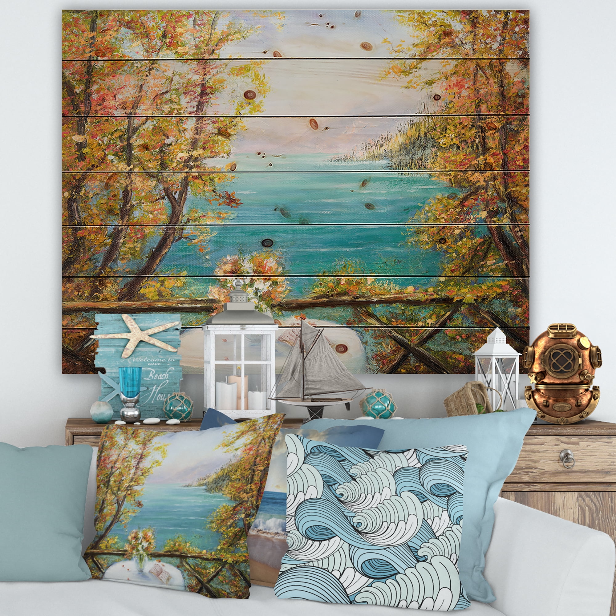Designart 'The Blue Ocean View From Terrace' Nautical & Coastal Print on Natural Pine Wood