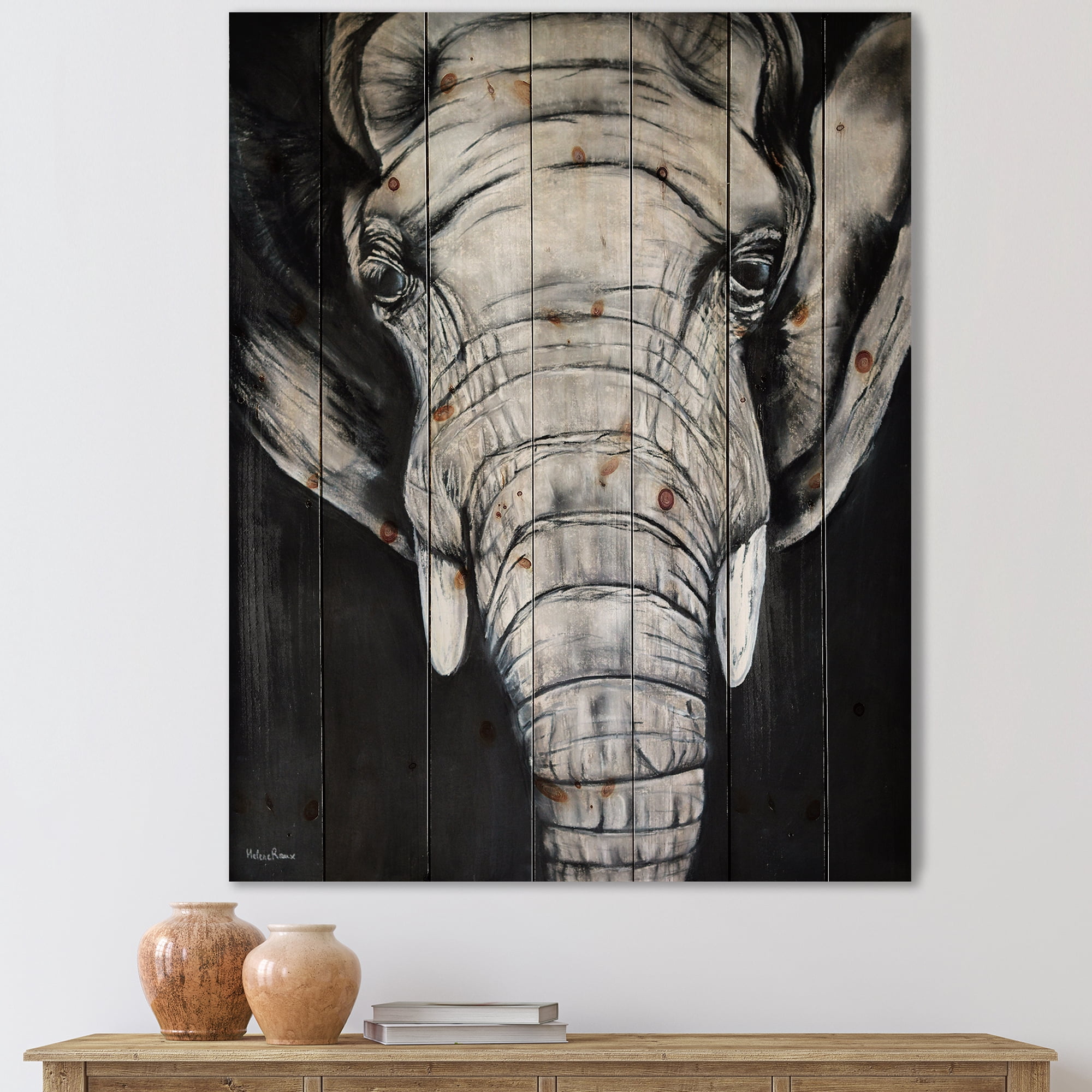 Designart 'The Close Up Portrait Of An African Elephant' Farmhouse Print on Natural Pine Wood