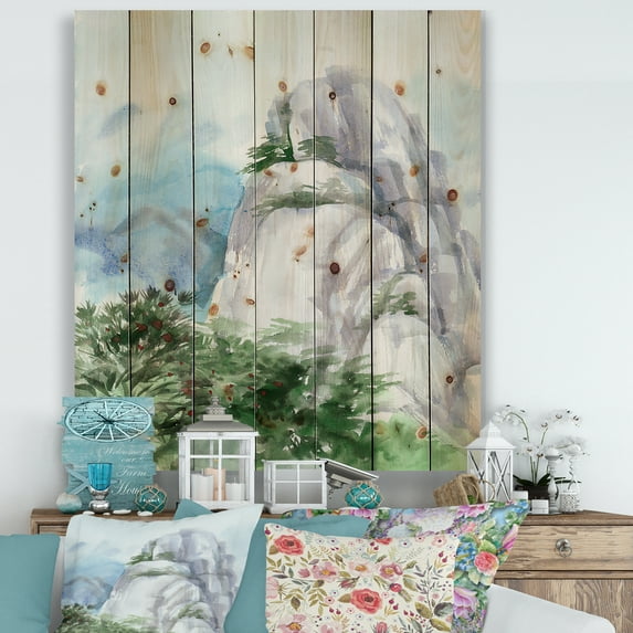 Designart 'The Clouds Over Mountain Top' Traditional Print on Natural Pine Wood