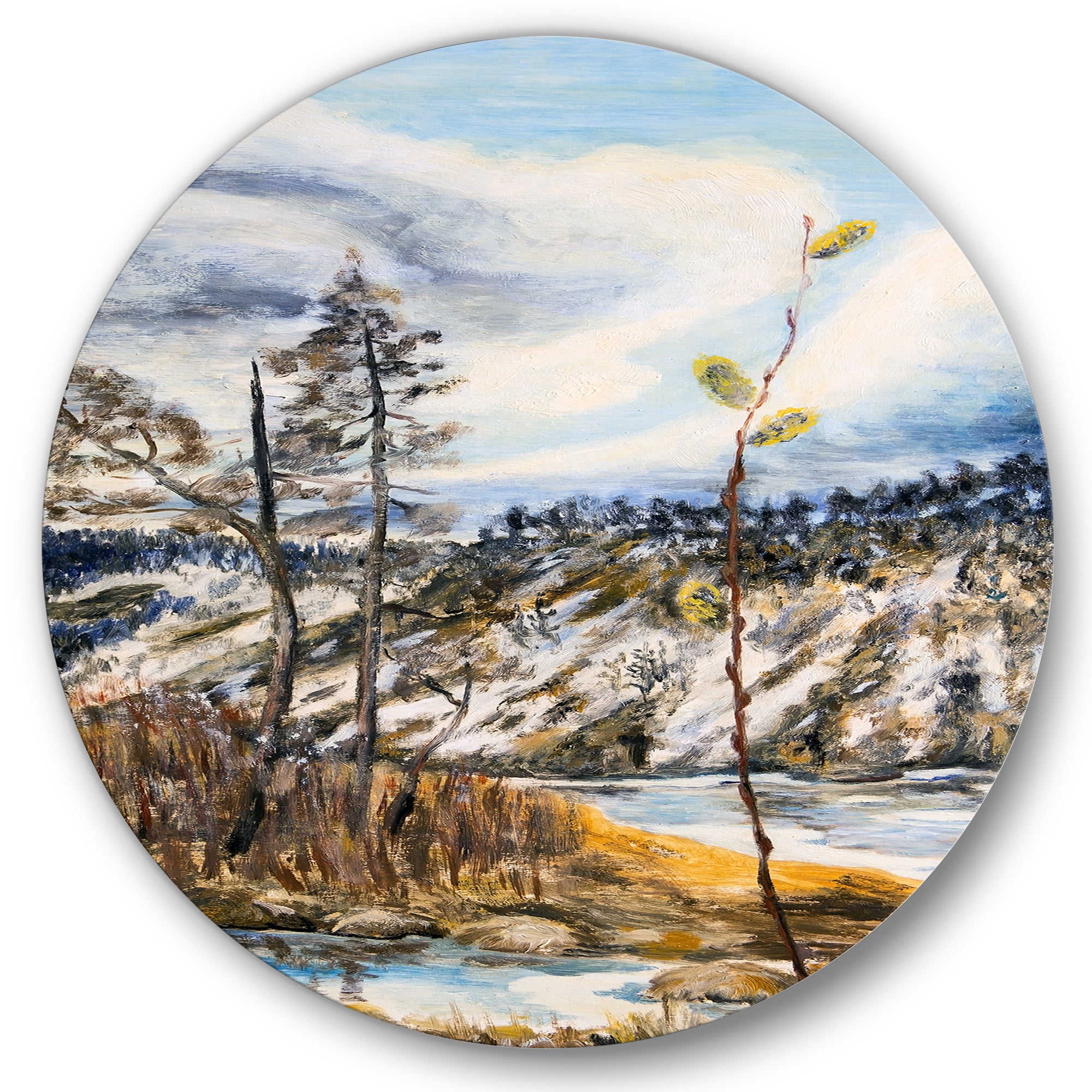 Designart 'The Cloudy Sky and The River With Spring Landscape' Lake House Circle Metal Wall Art 23x23 - Disc of 23