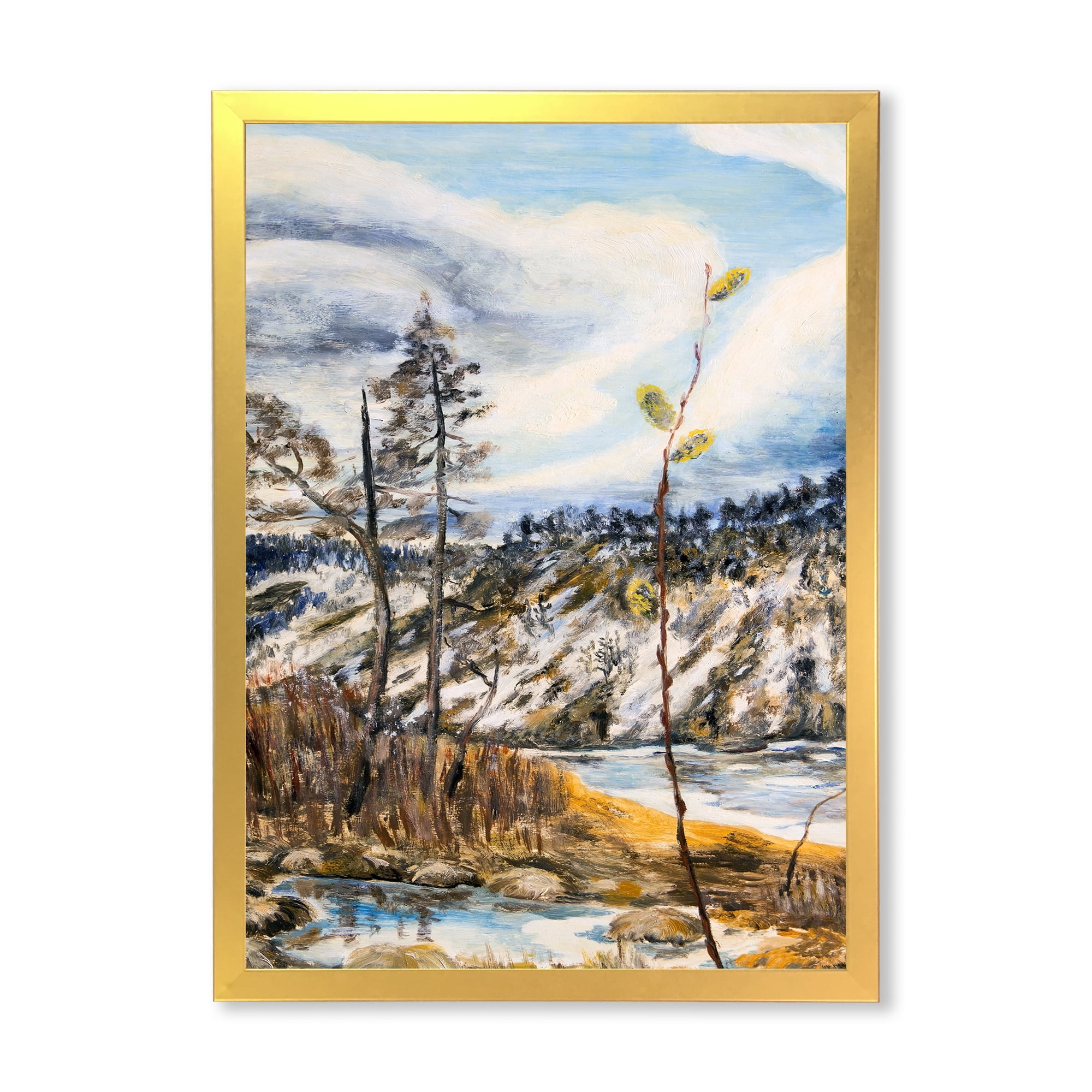Designart 'The Cloudy Sky and The River With Spring Landscape' Lake House Framed Art Print