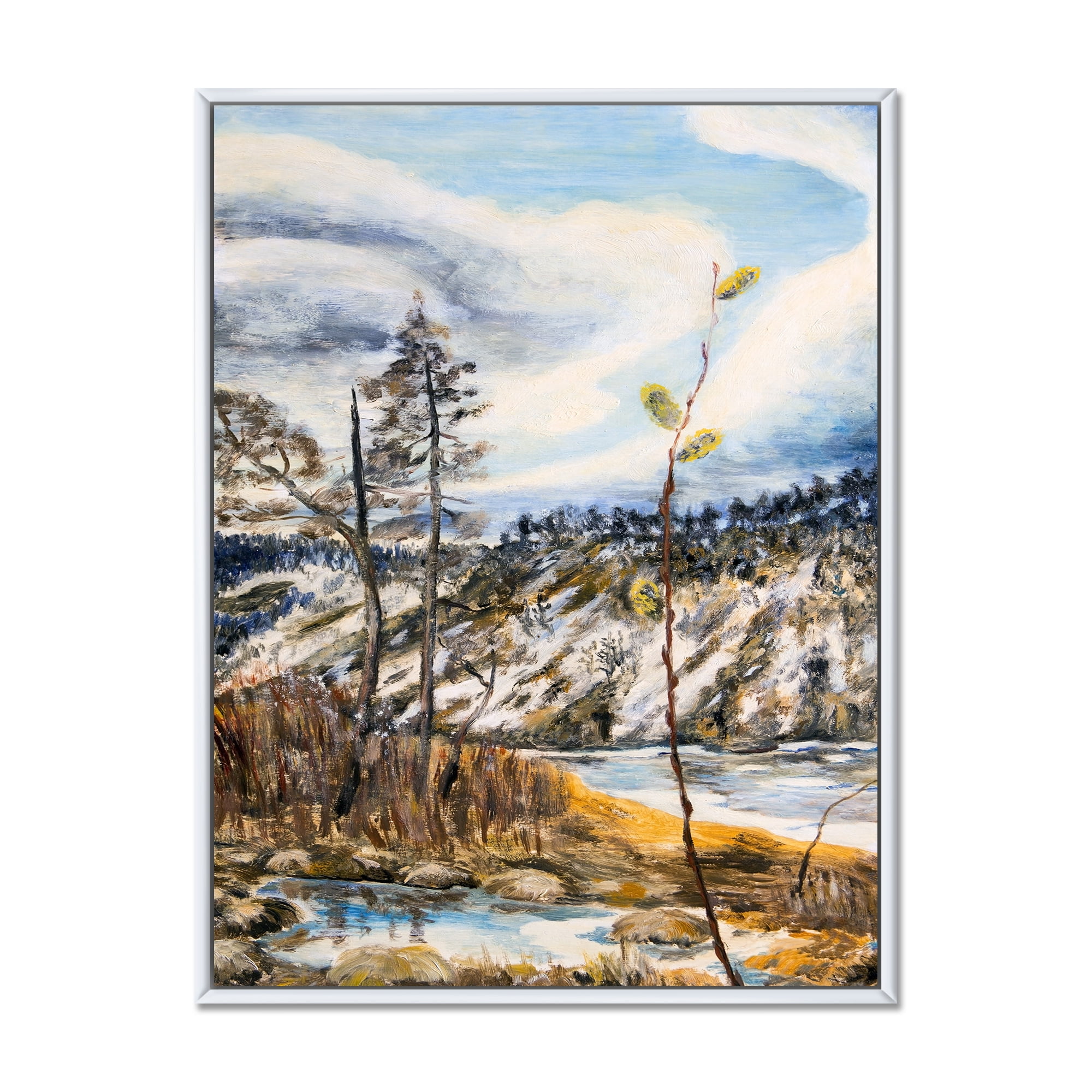 Designart 'The Cloudy Sky and The River With Spring Landscape' Lake House Framed Canvas Wall Art Print