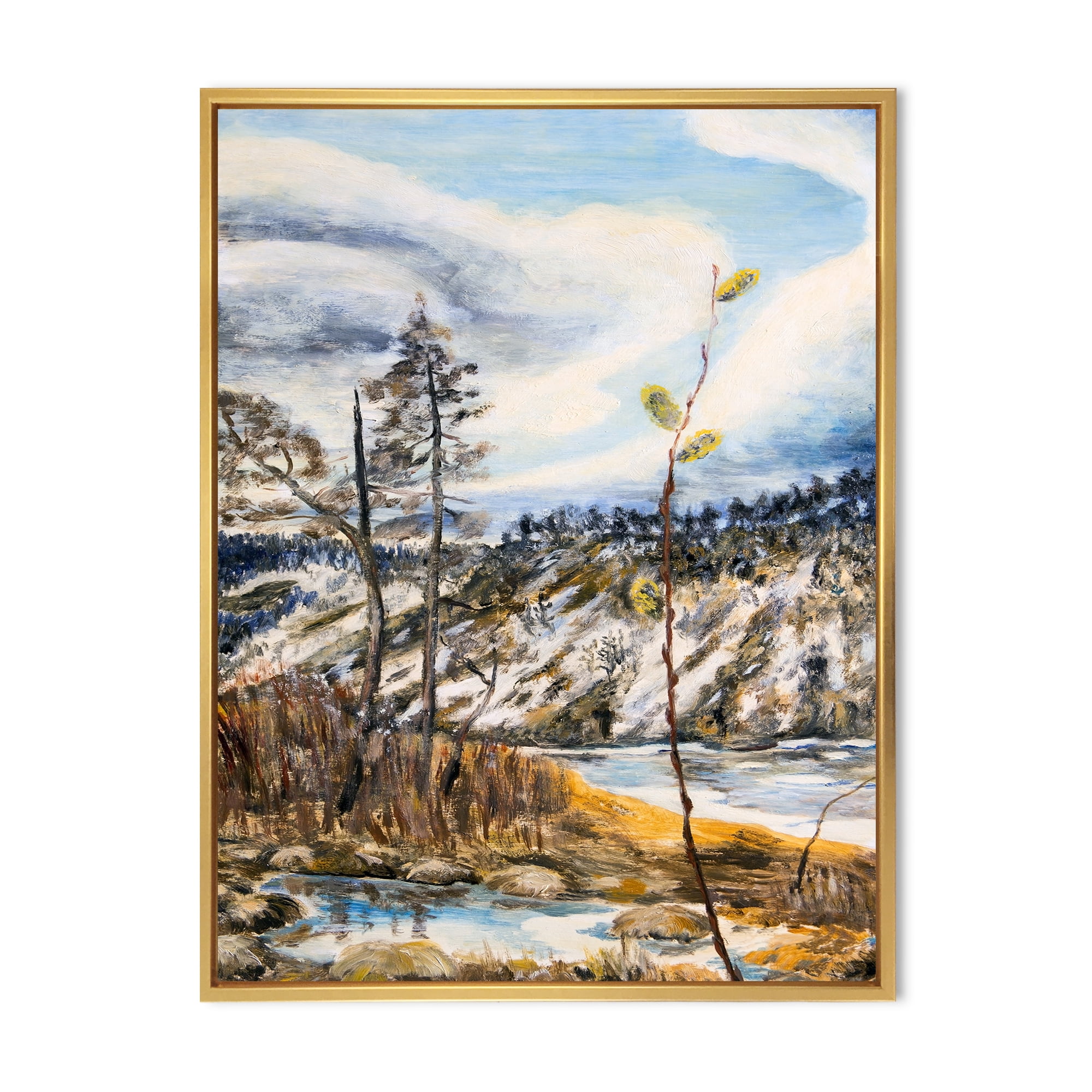 Designart 'The Cloudy Sky and The River With Spring Landscape' Lake House Framed Canvas Wall Art Print