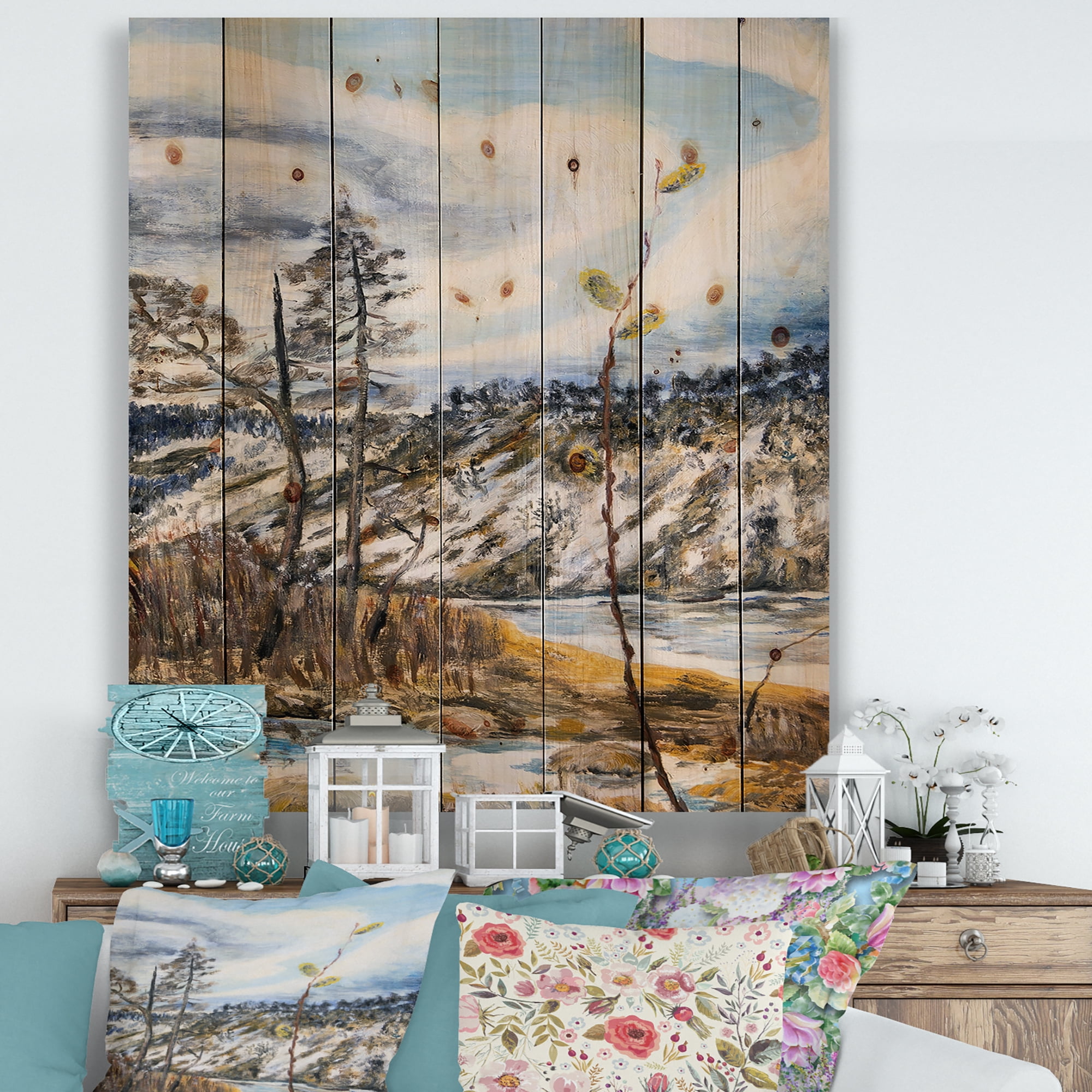 Designart 'The Cloudy Sky and The River With Spring Landscape' Lake House Print on Natural Pine Wood