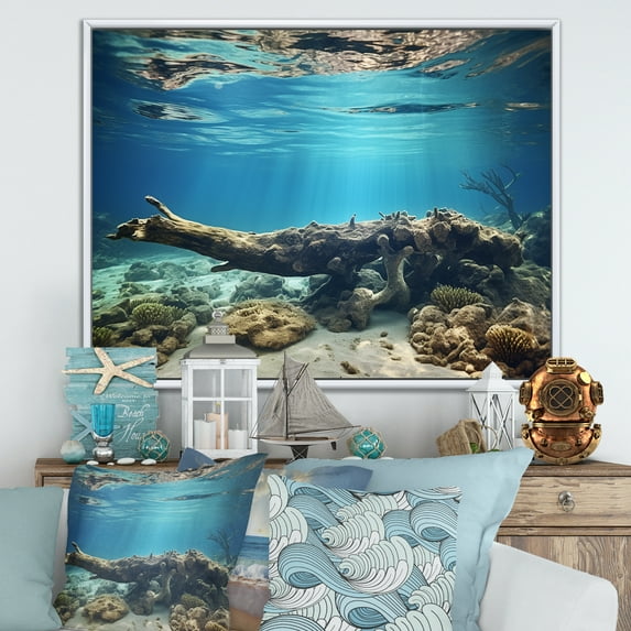 Designart "The Coastal Coral Realm" Coastal Coral Under Water Floater Framed Canvas Wall Art