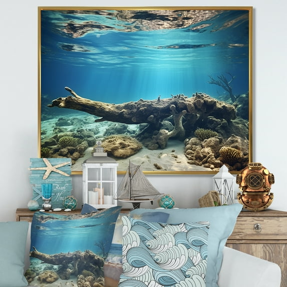 Designart "The Coastal Coral Realm" Coastal Coral Under Water Floater Framed Canvas Wall Art