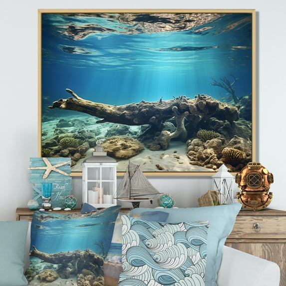 Designart "The Coastal Coral Realm" Coastal Coral Under Water Floater Framed Canvas Wall Art